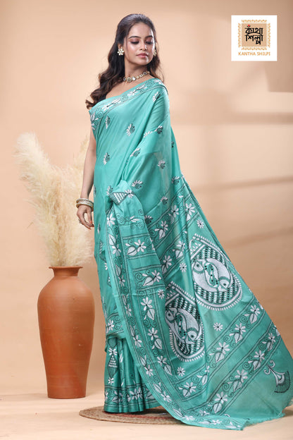 Teal Color Bangalore Silk White Black Color Thread Work Kantha Stitch Saree