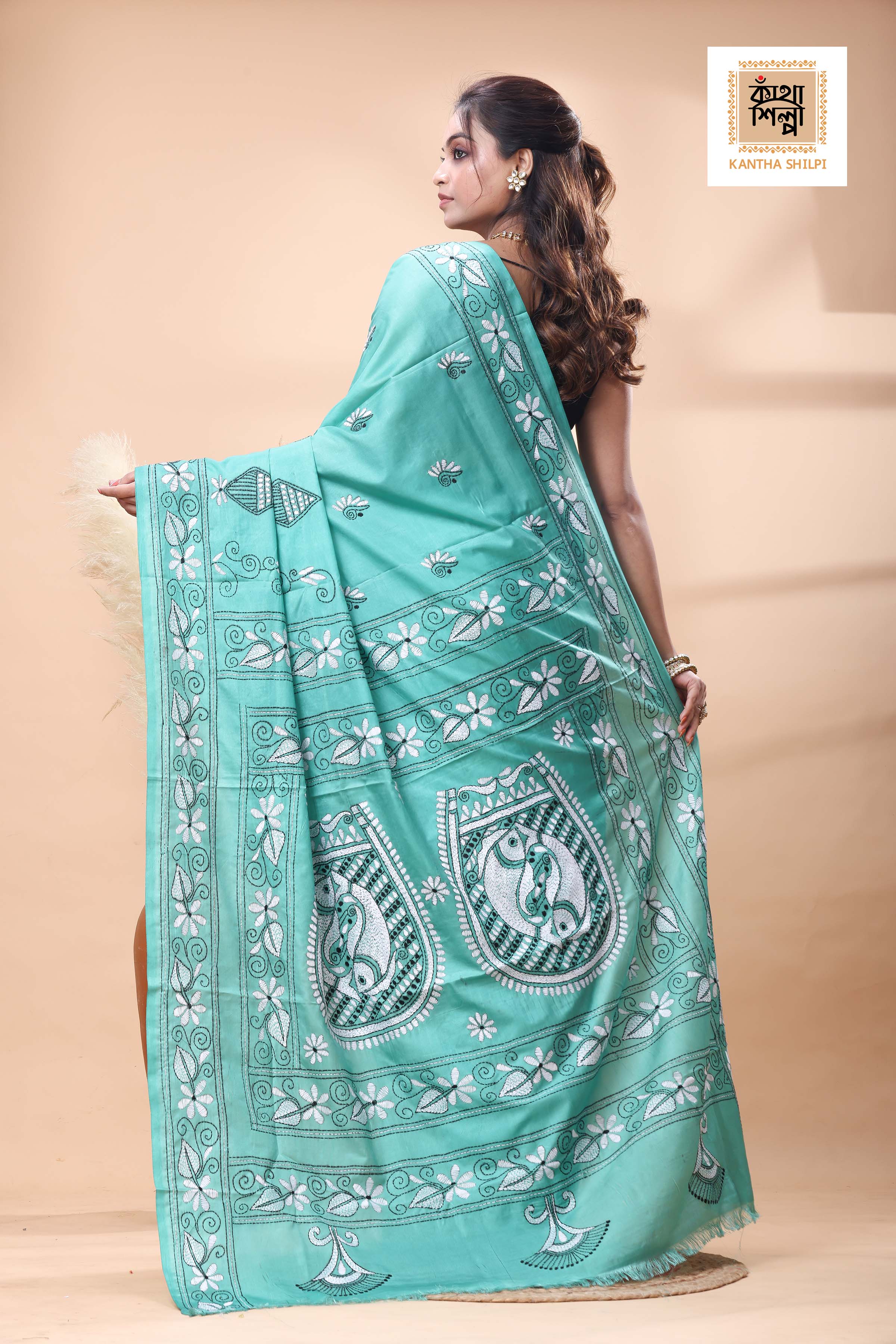 Teal Color Bangalore Silk White Black Color Thread Work Kantha Stitch Saree