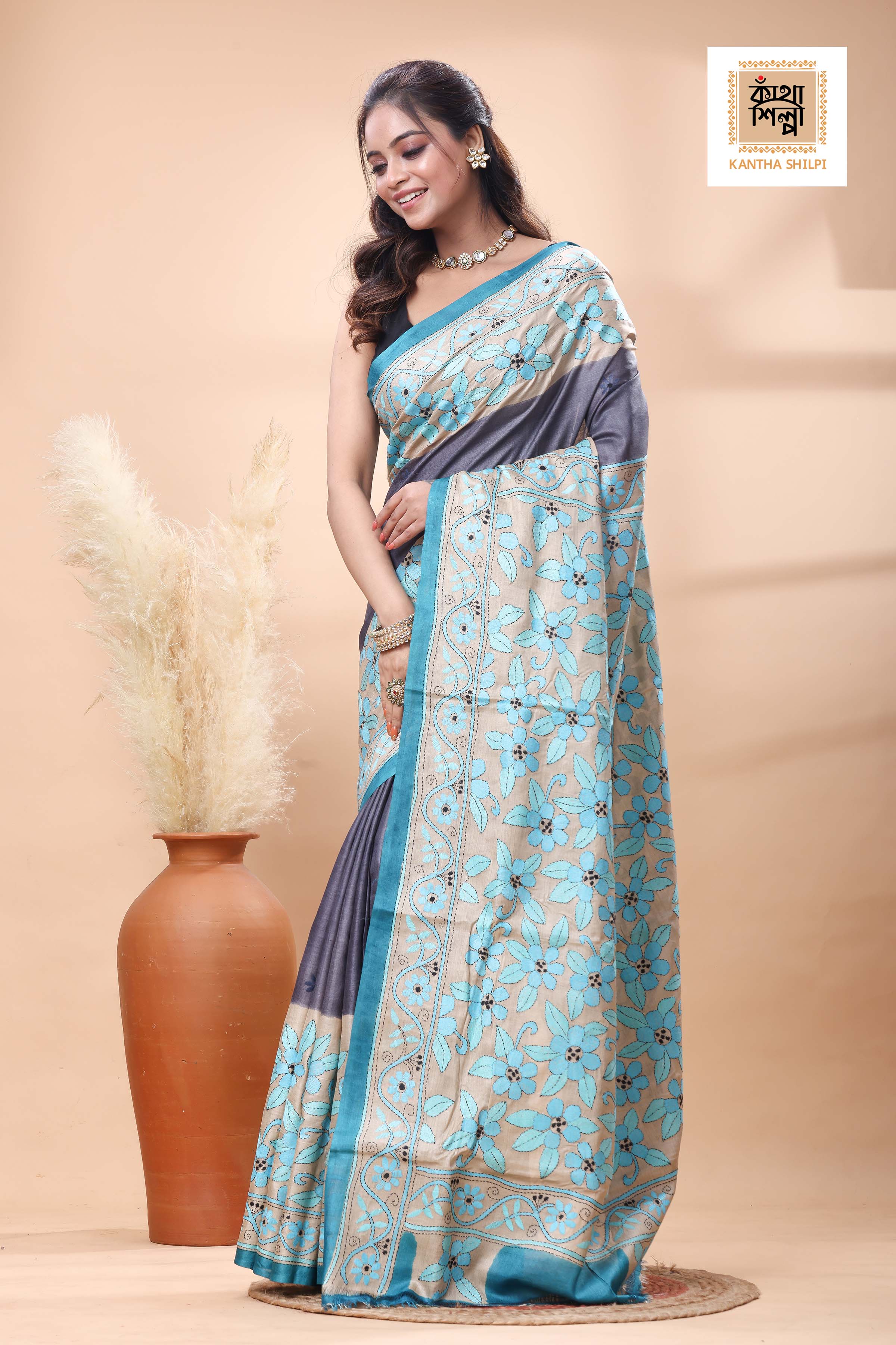 Pure Gachi Tussar Teal Color Thread Work Kantha Stitch Saree