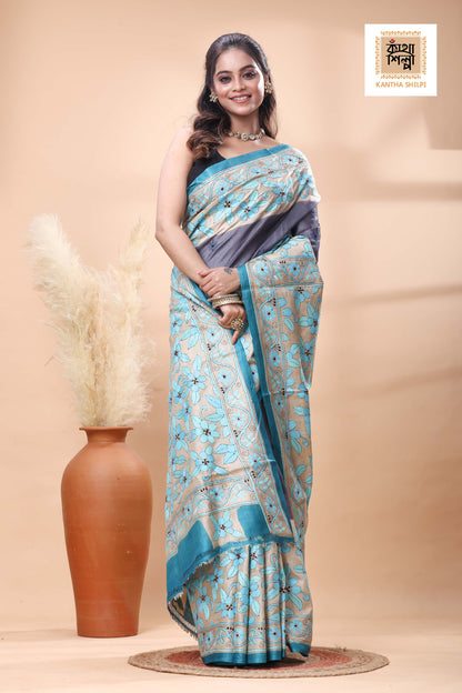 Pure Gachi Tussar Teal Color Thread Work Kantha Stitch Saree