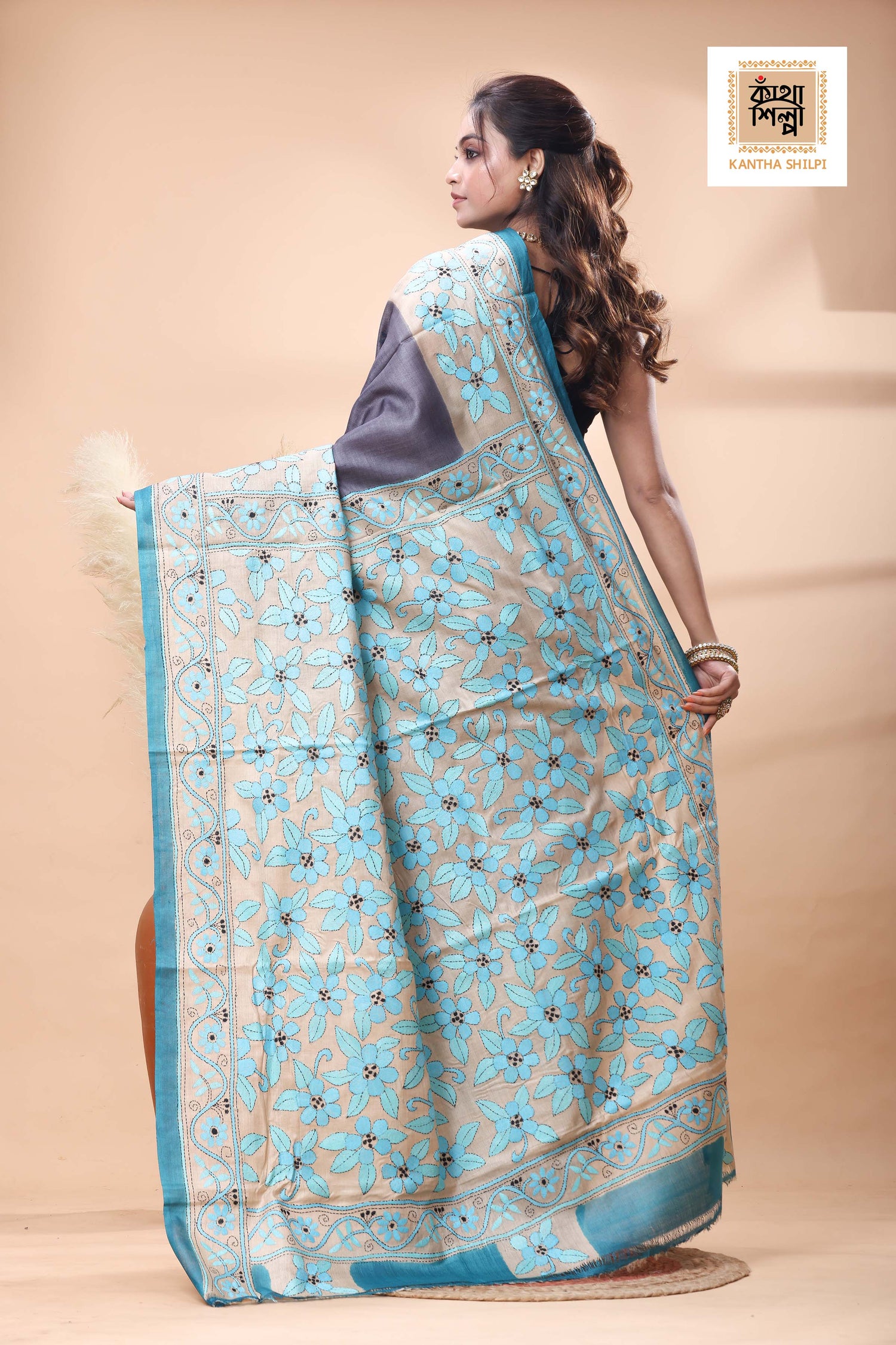 Pure Gachi Tussar Teal Color Thread Work Kantha Stitch Saree