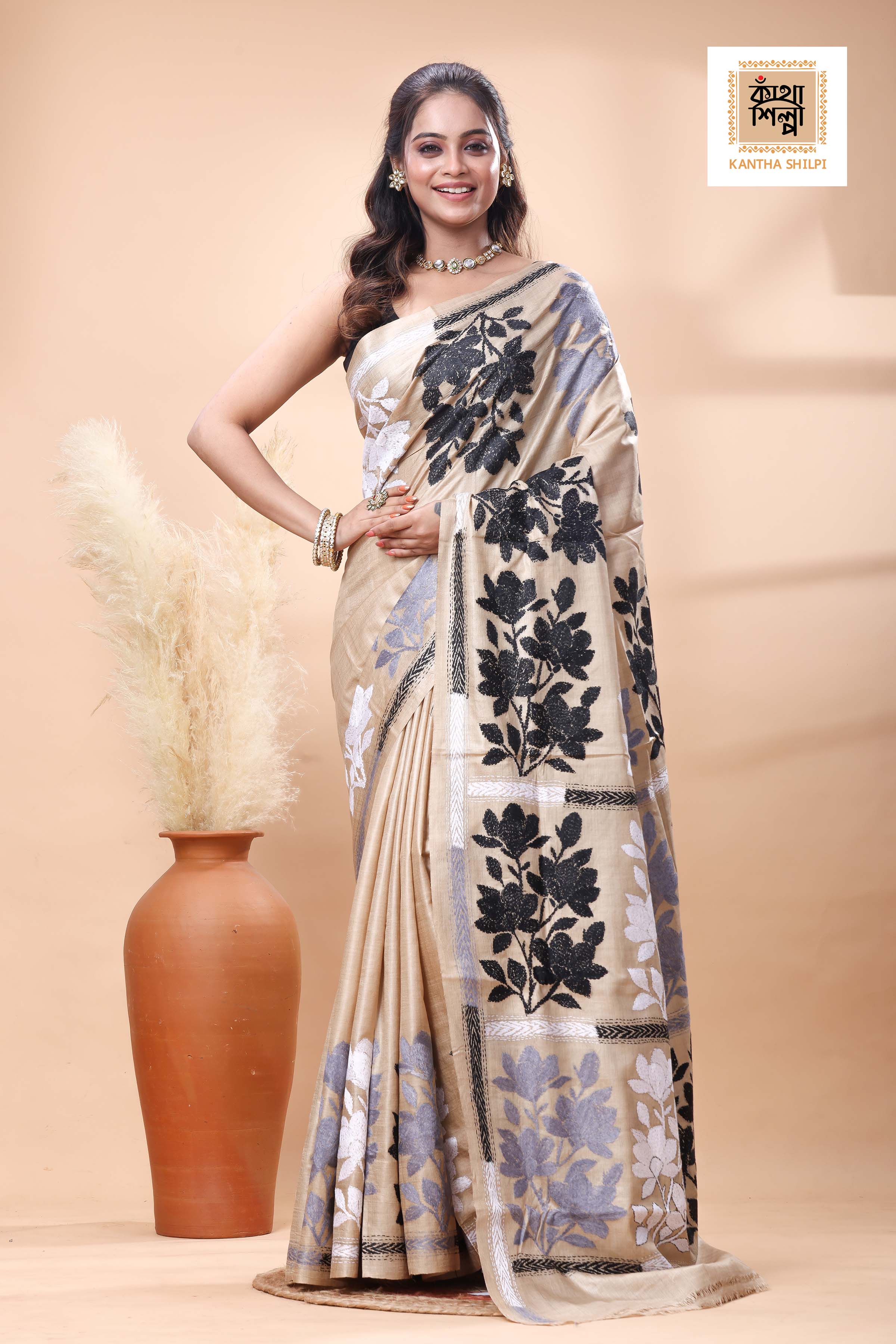 Pure Gachi Tussar Black White Color Thread Work Kantha Stitch Saree