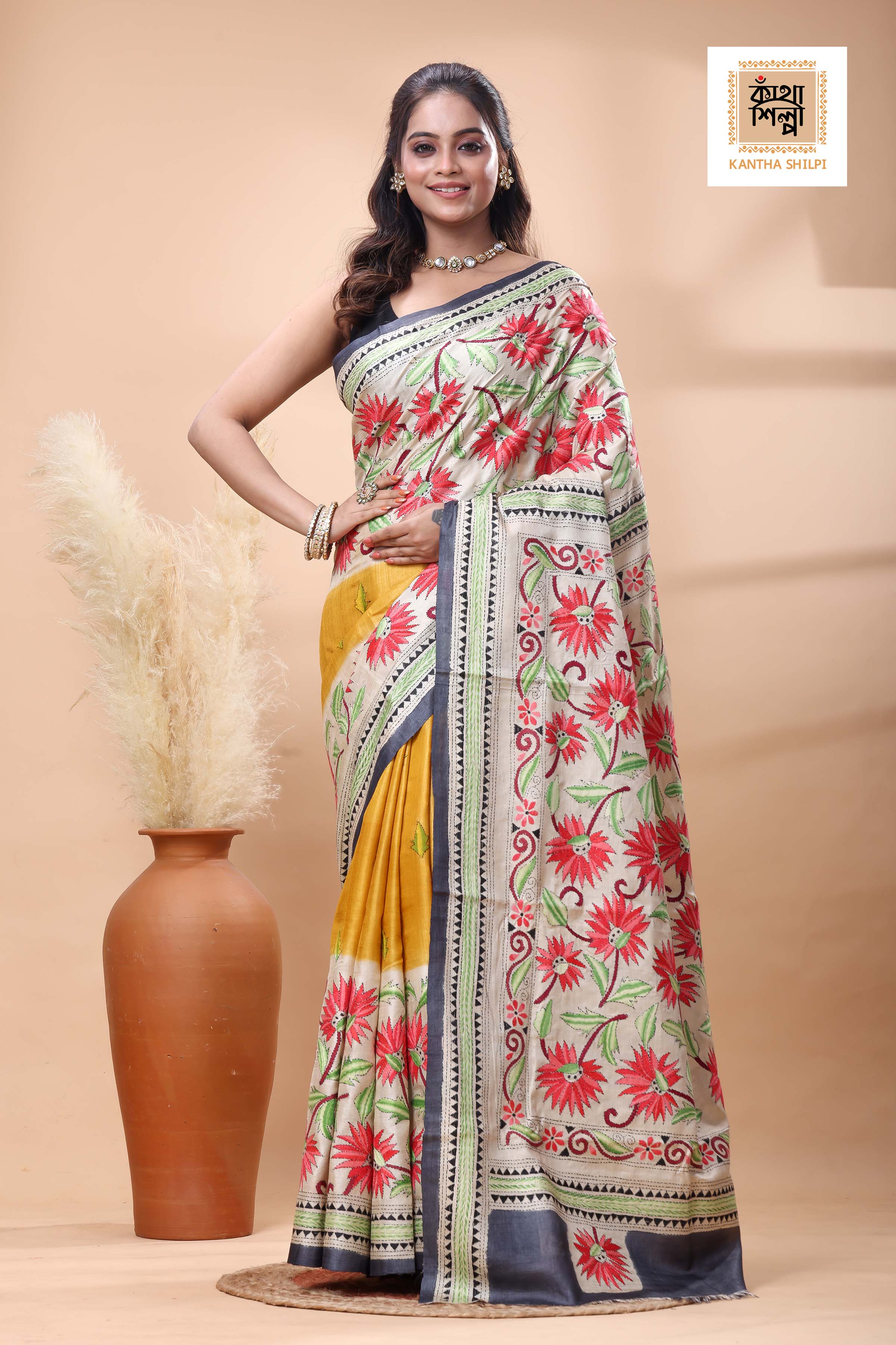 Pure Gachi Tussar Multicolor Thread Work Kantha Stitch Saree