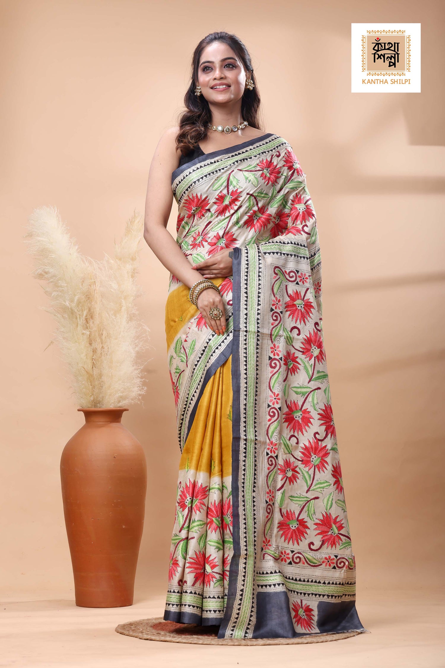 Pure Gachi Tussar Multicolor Thread Work Kantha Stitch Saree