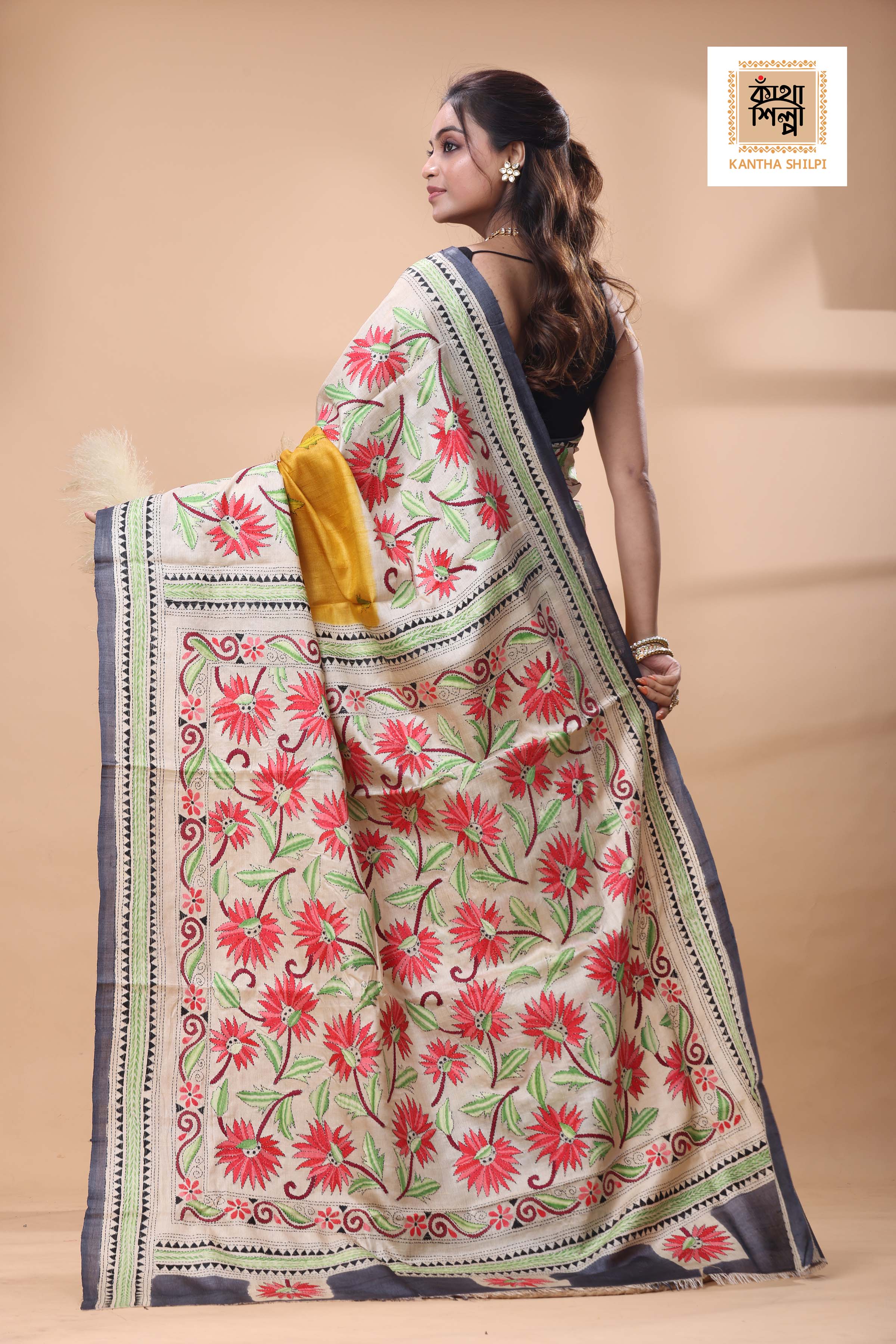 Pure Gachi Tussar Multicolor Thread Work Kantha Stitch Saree