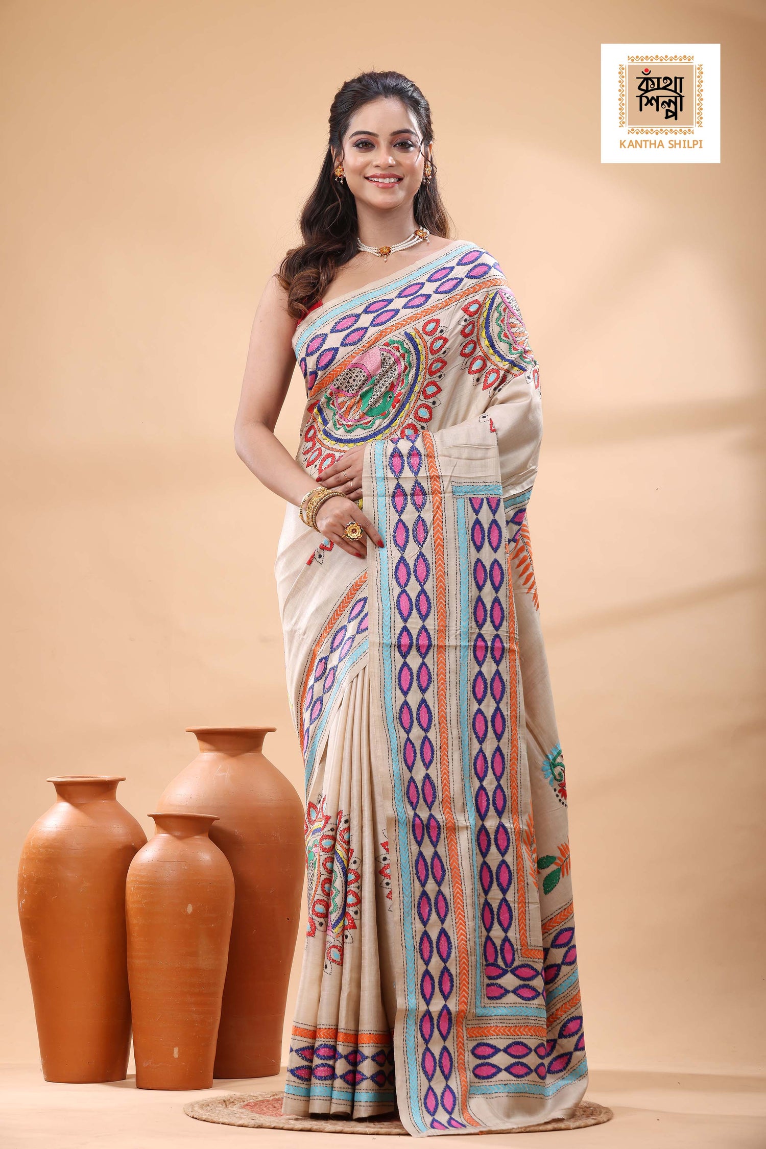 Pure Gachi Tussar Multicolor Thread Work Kantha Stitch Saree