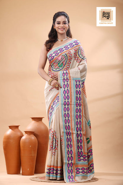 Pure Gachi Tussar Multicolor Thread Work Kantha Stitch Saree