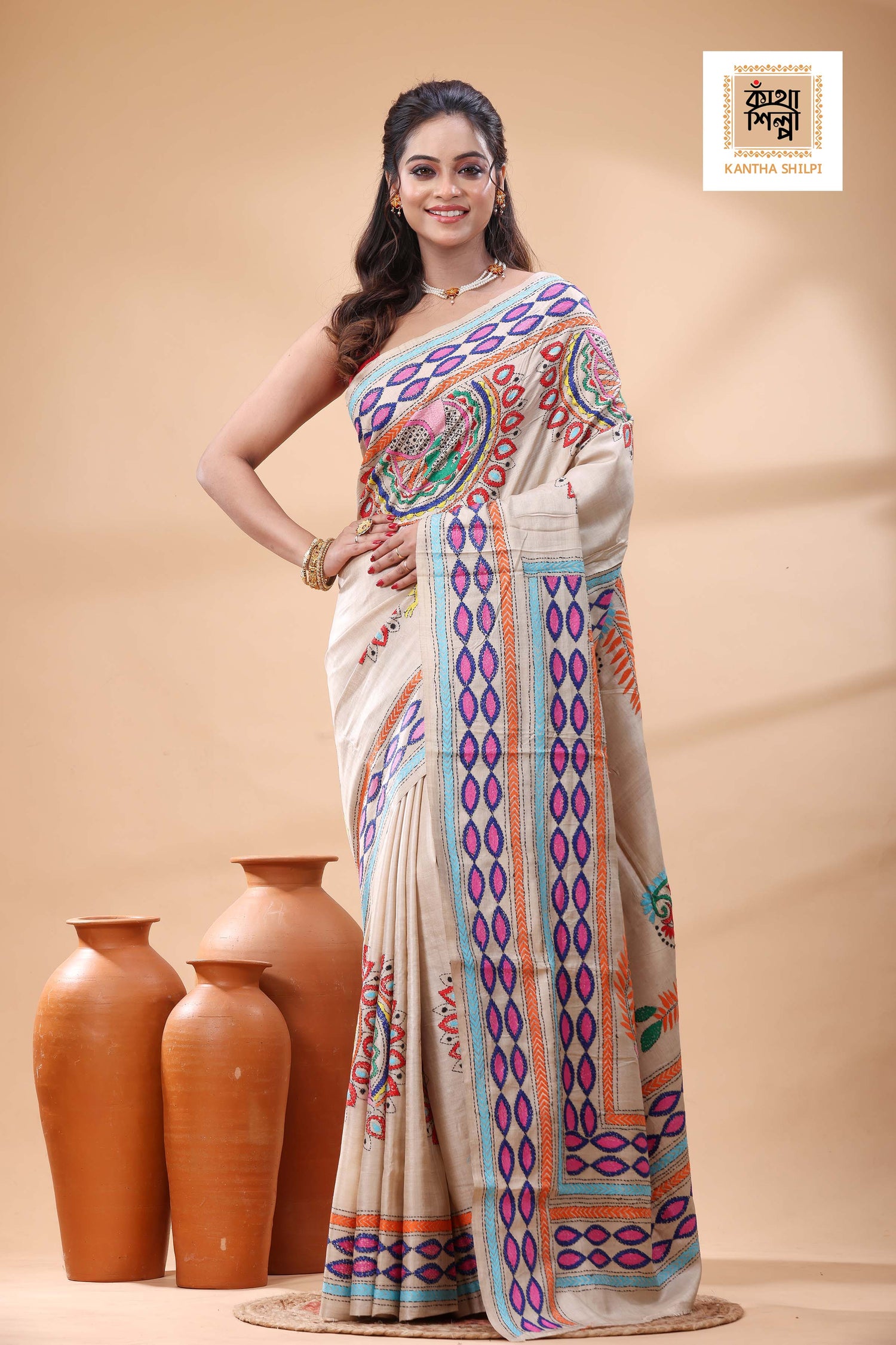 Pure Gachi Tussar Multicolor Thread Work Kantha Stitch Saree