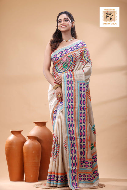 Pure Gachi Tussar Multicolor Thread Work Kantha Stitch Saree