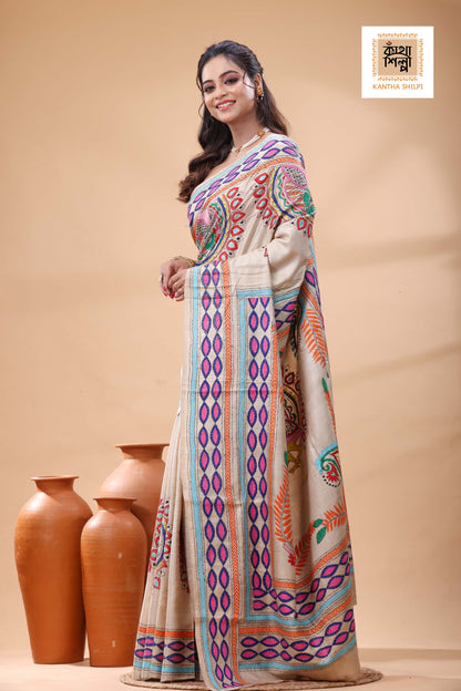 Pure Gachi Tussar Multicolor Thread Work Kantha Stitch Saree