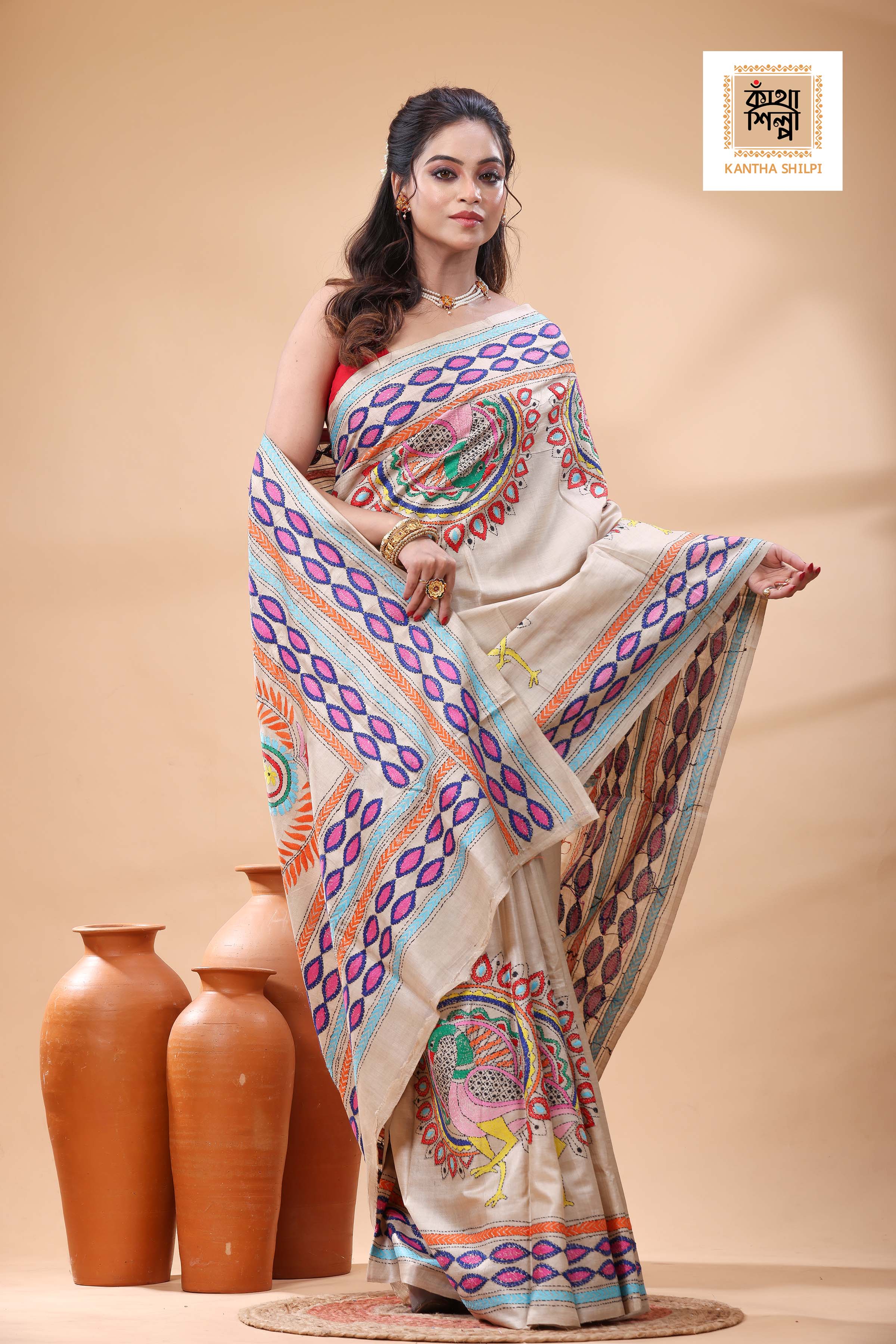 Pure Gachi Tussar Multicolor Thread Work Kantha Stitch Saree