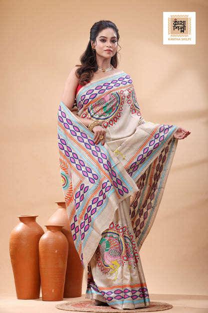 Pure Gachi Tussar Multicolor Thread Work Kantha Stitch Saree