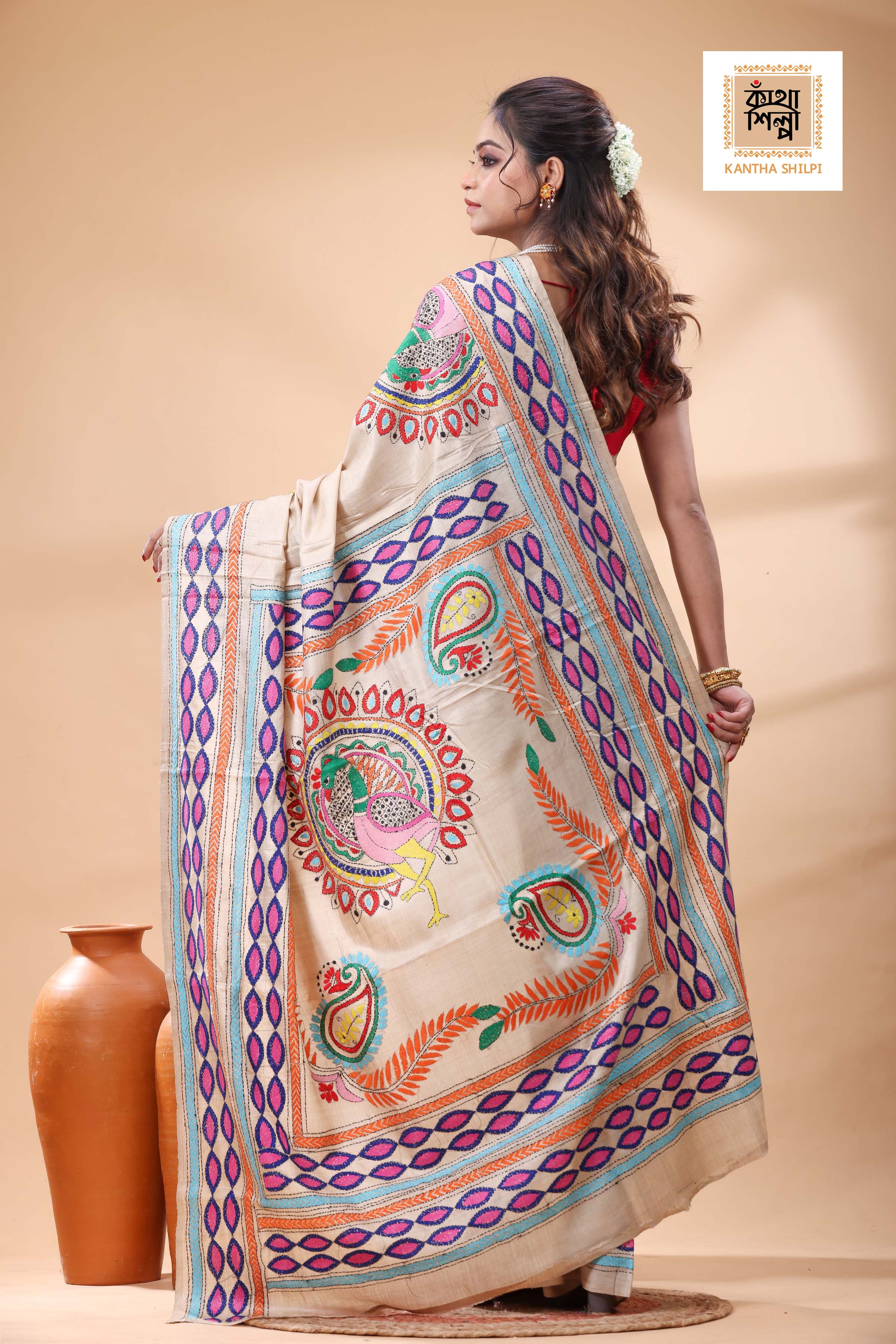 Pure Gachi Tussar Multicolor Thread Work Kantha Stitch Saree