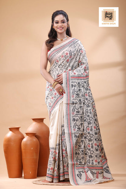 Pure Gachi Tussar Black Black Red Color Thread Work Kantha Stitch Saree