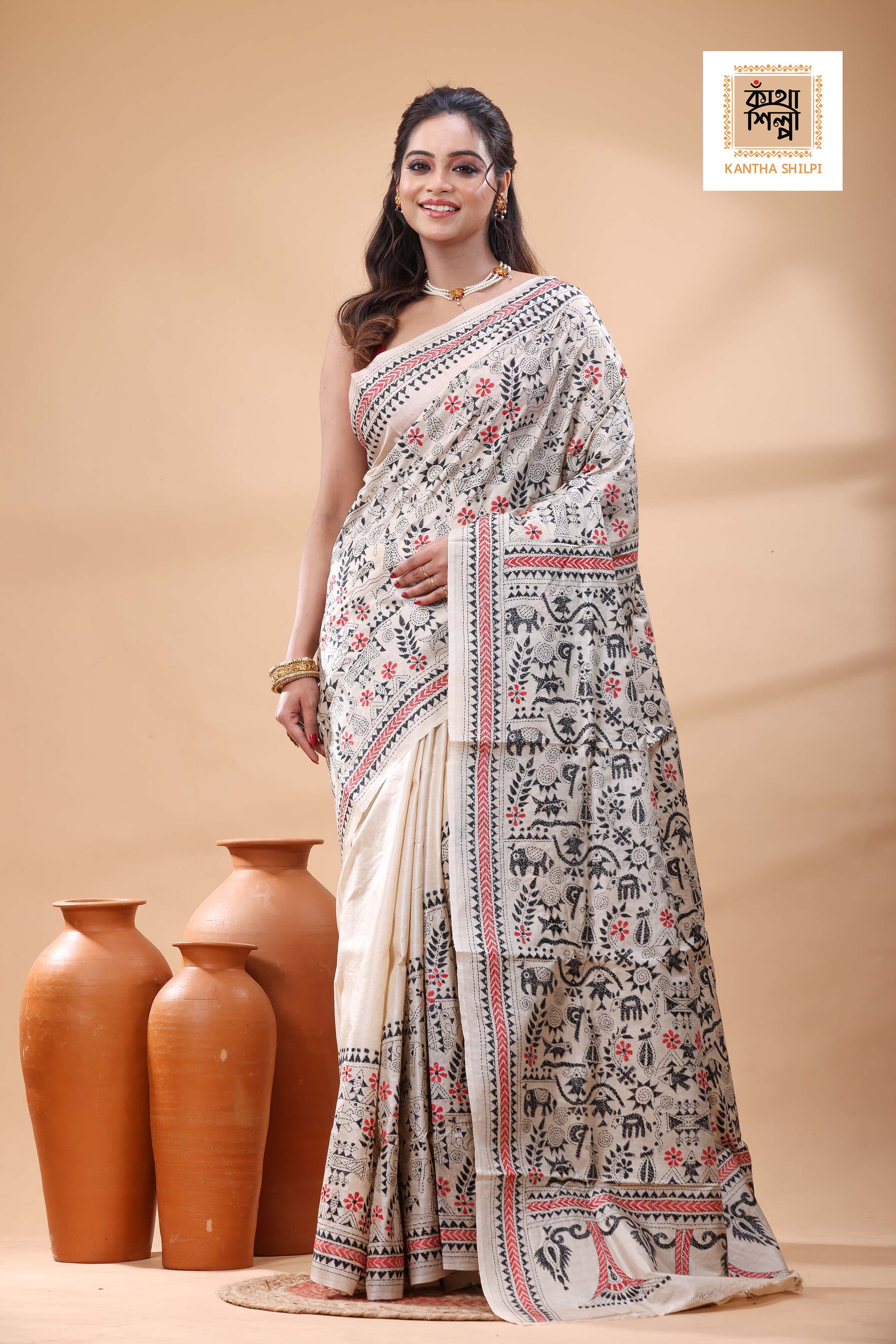 Pure Gachi Tussar Black Black Red Color Thread Work Kantha Stitch Saree