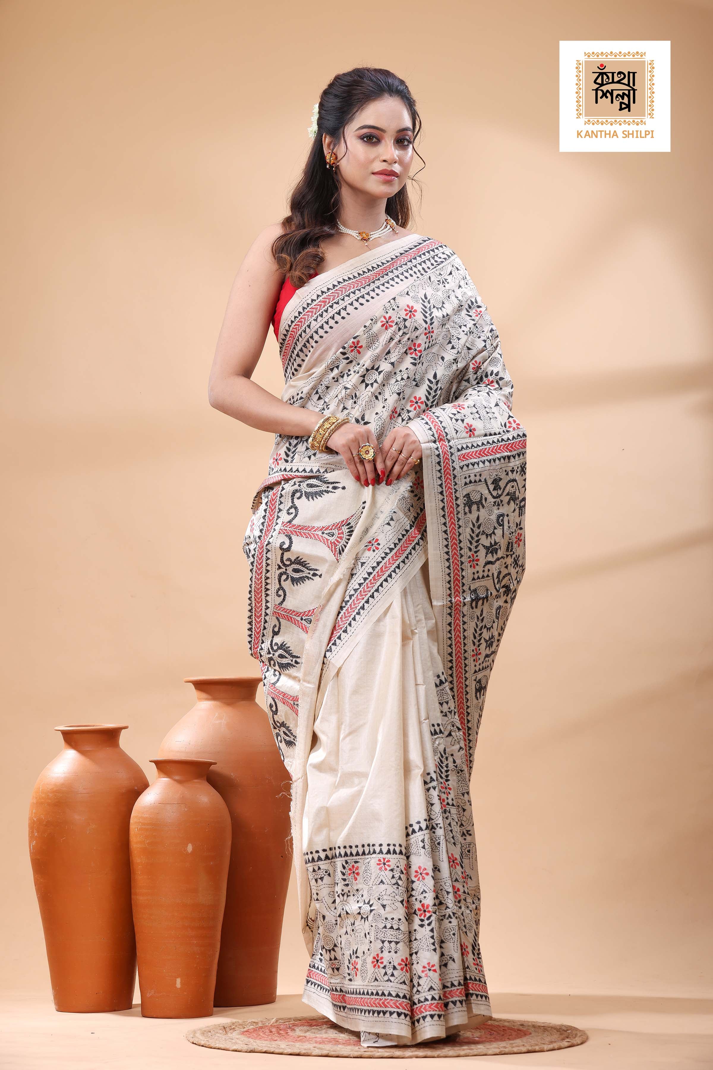 Pure Gachi Tussar Black Black Red Color Thread Work Kantha Stitch Saree