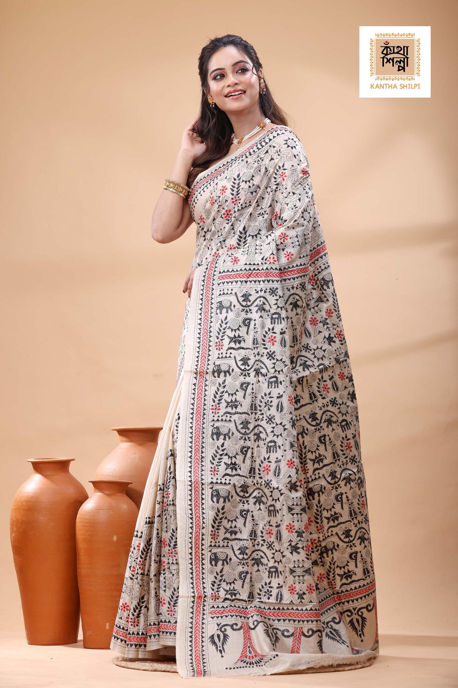 Pure Gachi Tussar Black Black Red Color Thread Work Kantha Stitch Saree