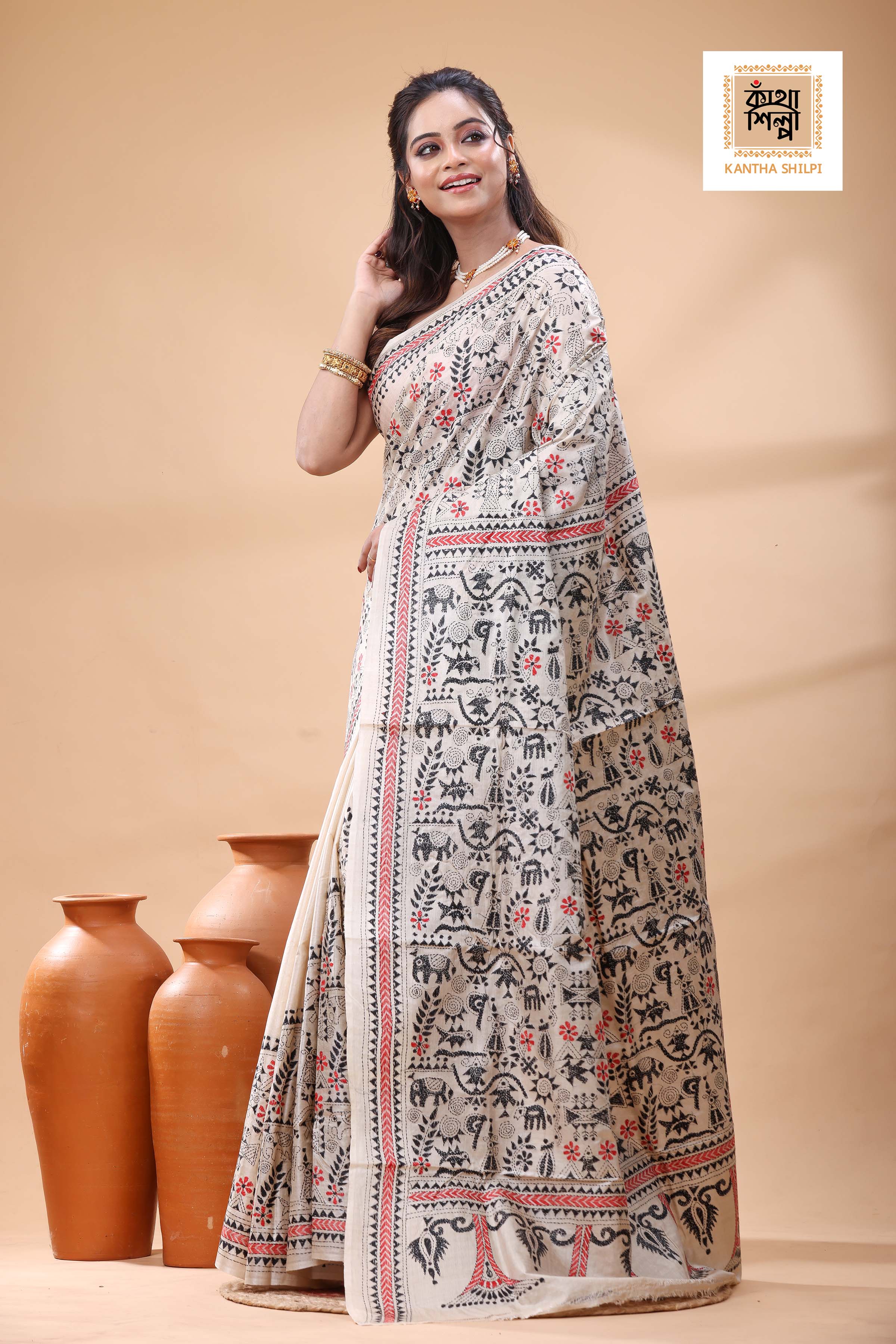 Pure Gachi Tussar Black Black Red Color Thread Work Kantha Stitch Saree