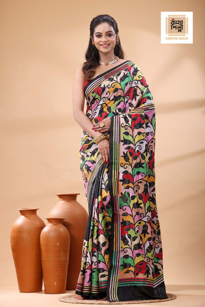 Black Pure Bangalore Silk Multicolor Thread Work Tulip Flower Revers Motif Kantha Stitch Saree