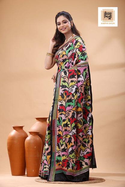 Black Pure Bangalore Silk Multicolor Thread Work Tulip Flower Revers Motif Kantha Stitch Saree
