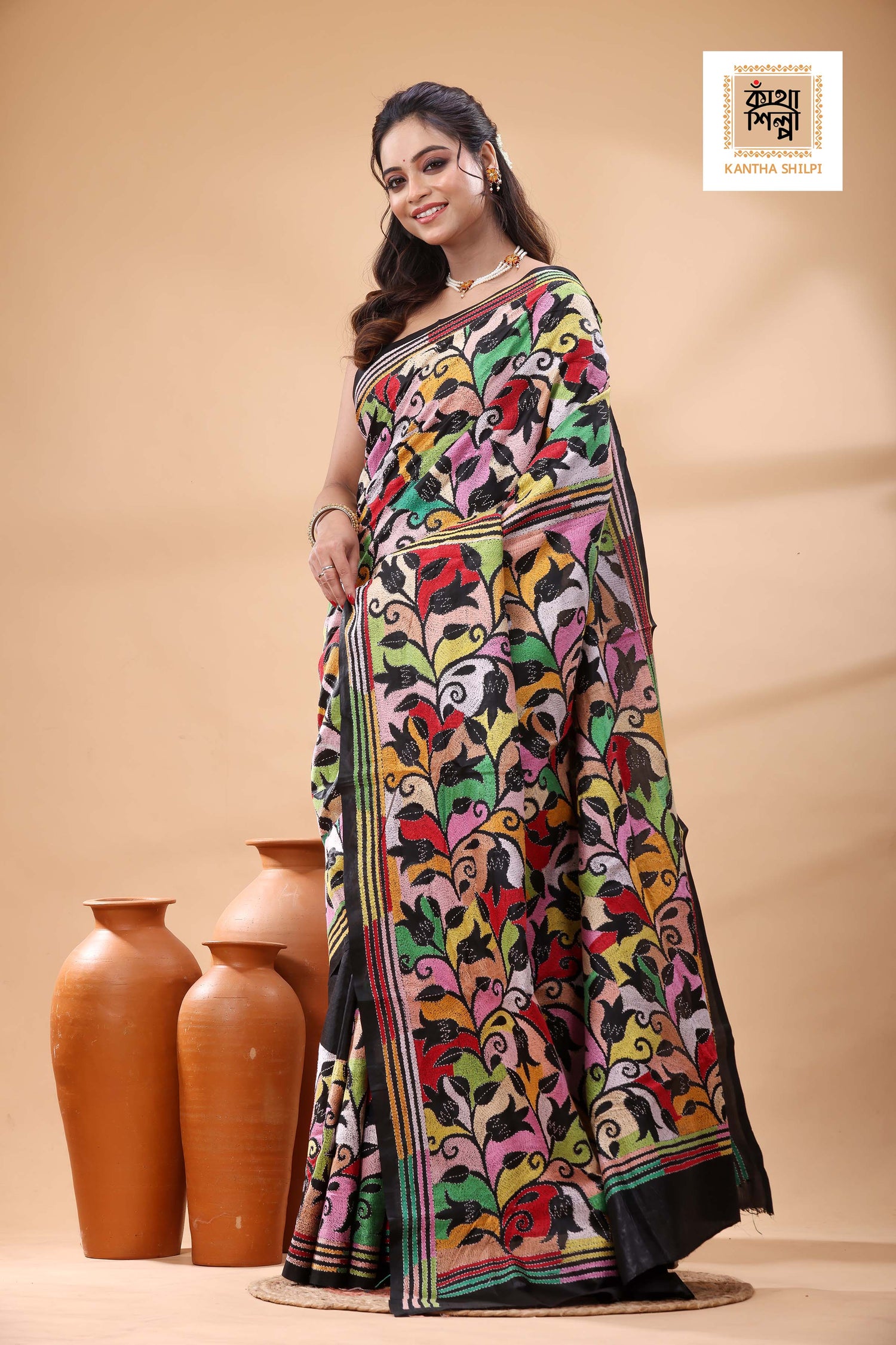 Black Pure Bangalore Silk Multicolor Thread Work Tulip Flower Revers Motif Kantha Stitch Saree
