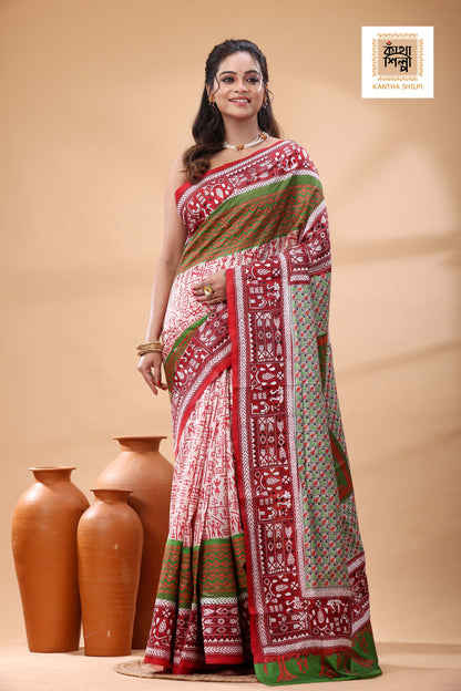 Multicolor Dye Pure Bangalore Silk Multicolor Thread Work Kantha Stitch Saree