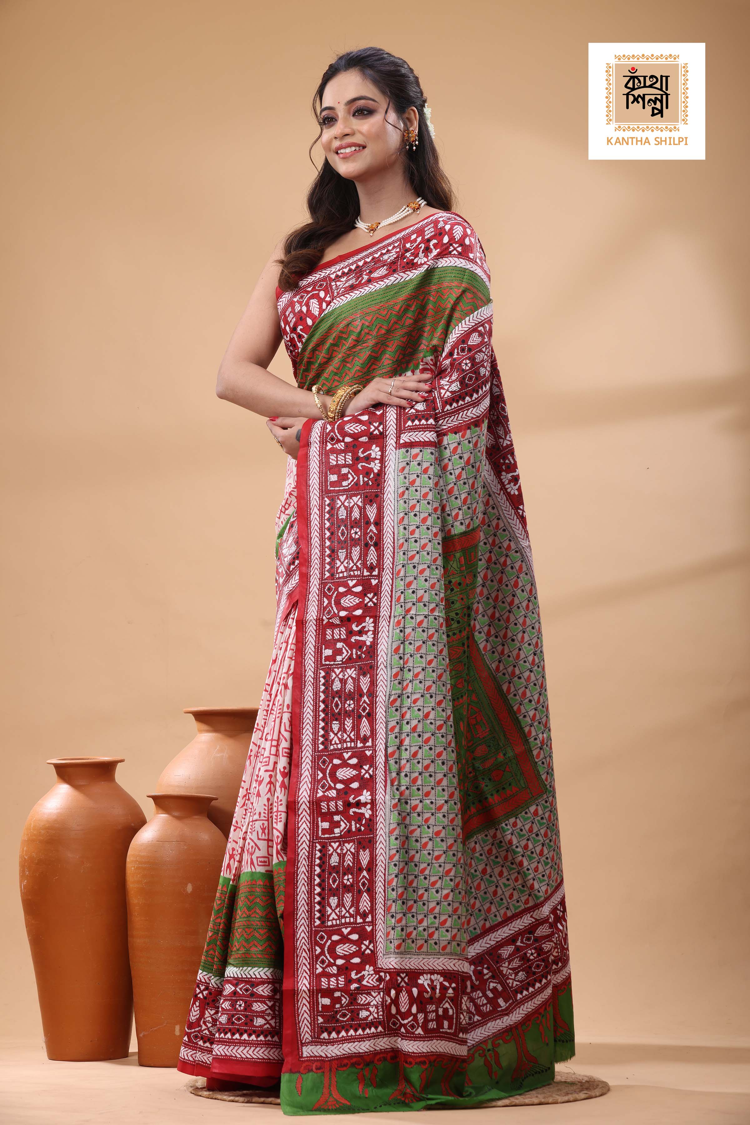 Multicolor Dye Pure Bangalore Silk Multicolor Thread Work Kantha Stitch Saree