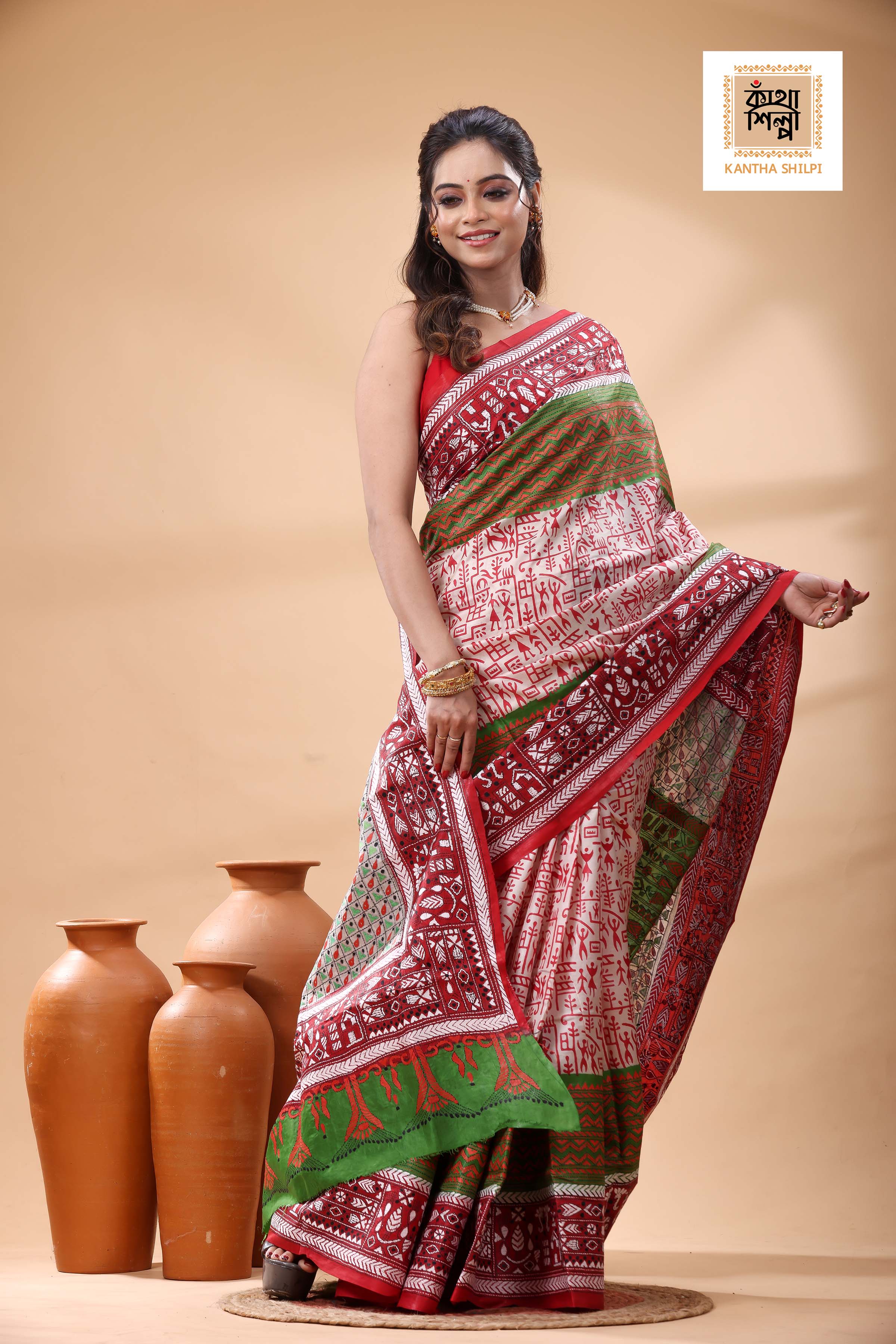 Multicolor Dye Pure Bangalore Silk Multicolor Thread Work Kantha Stitch Saree