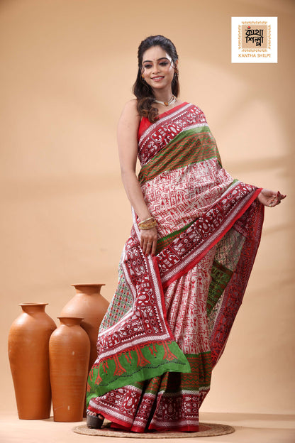 Multicolor Dye Pure Bangalore Silk Multicolor Thread Work Kantha Stitch Saree