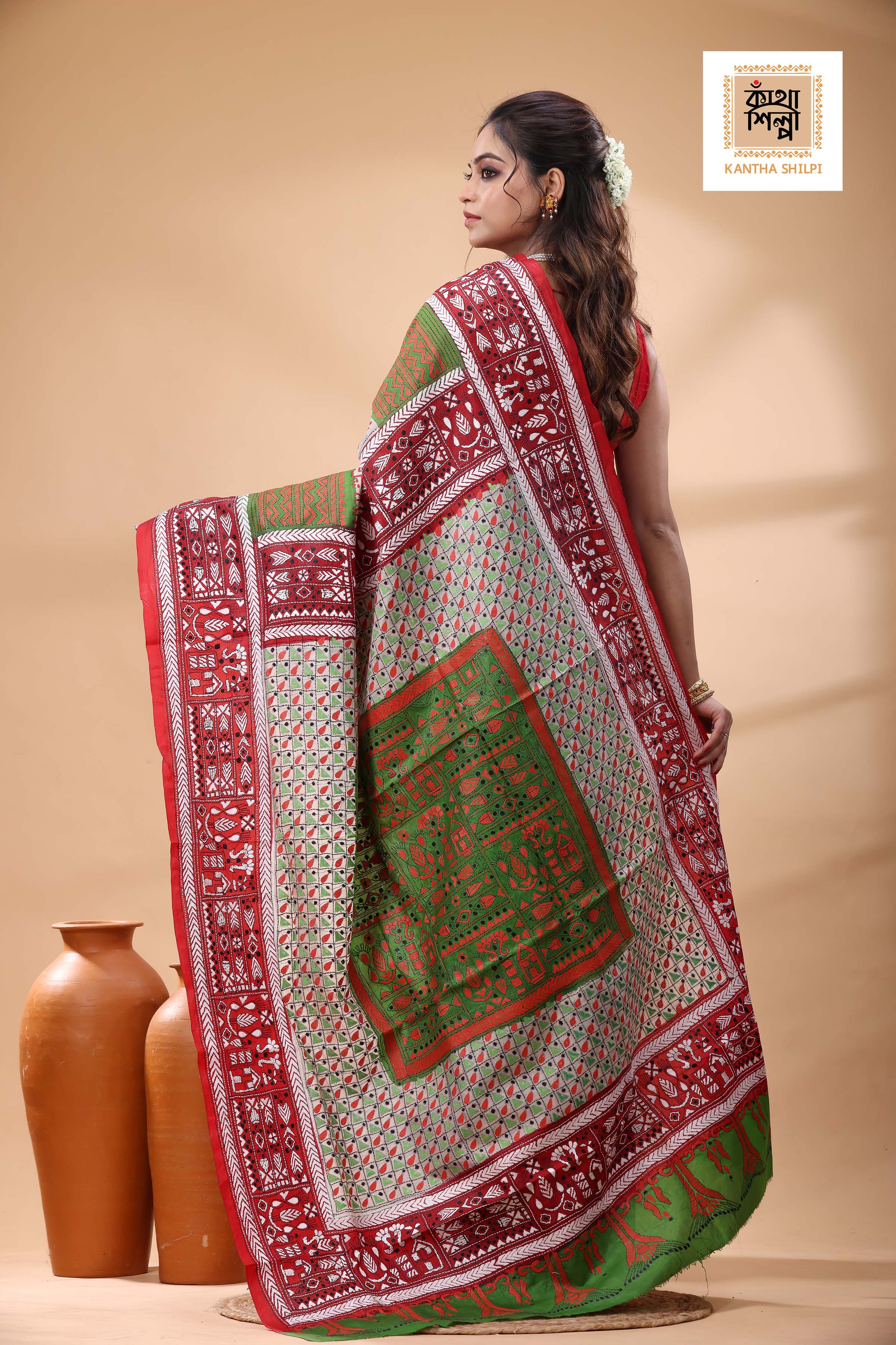 Multicolor Dye Pure Bangalore Silk Multicolor Thread Work Kantha Stitch Saree