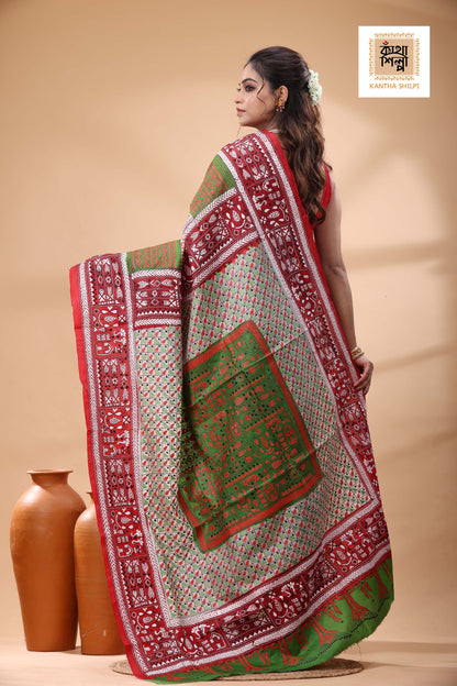 Multicolor Dye Pure Bangalore Silk Multicolor Thread Work Kantha Stitch Saree