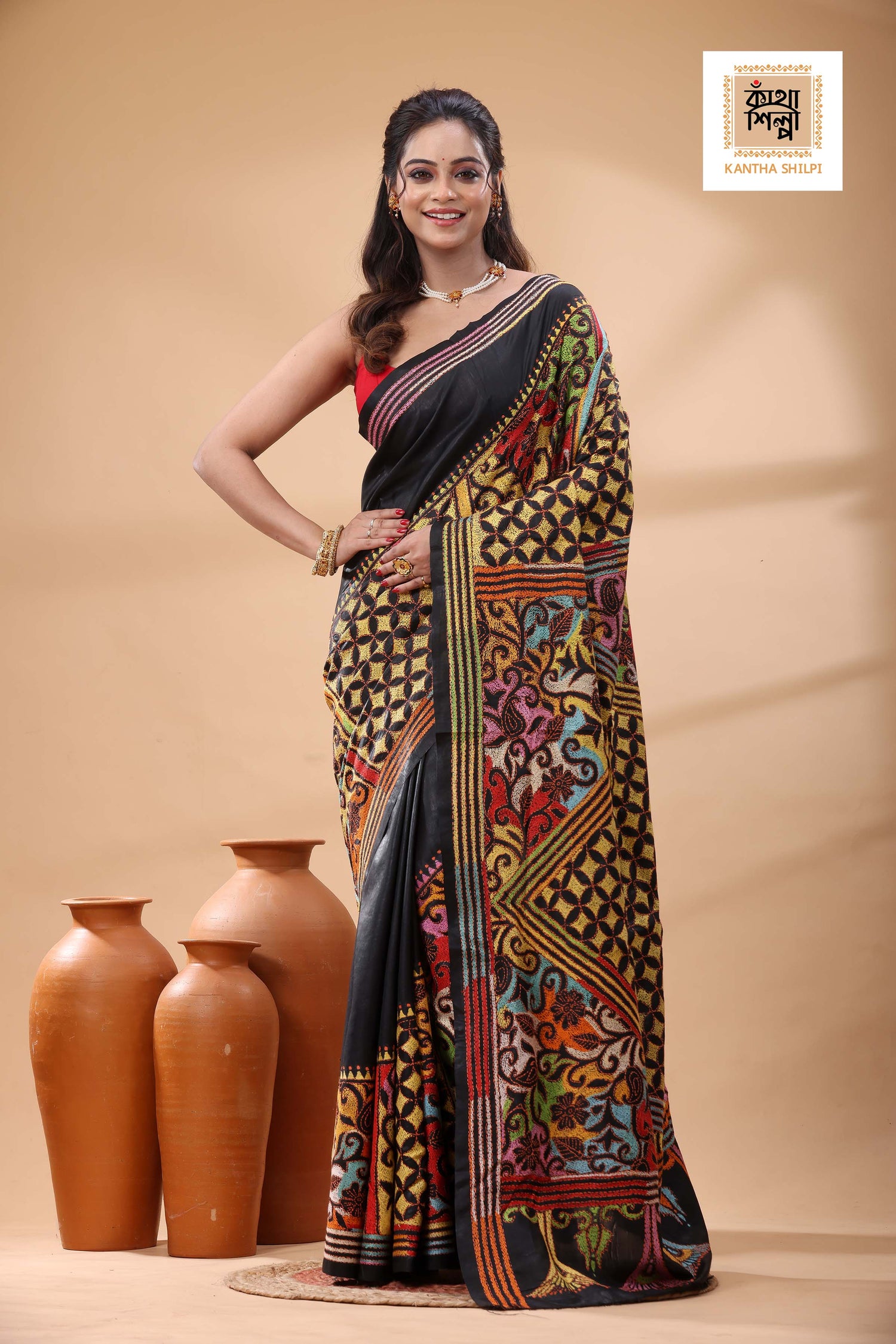 Black Pure Bangalore Silk Multicolor Thread Revers Work Kantha Stitch Saree