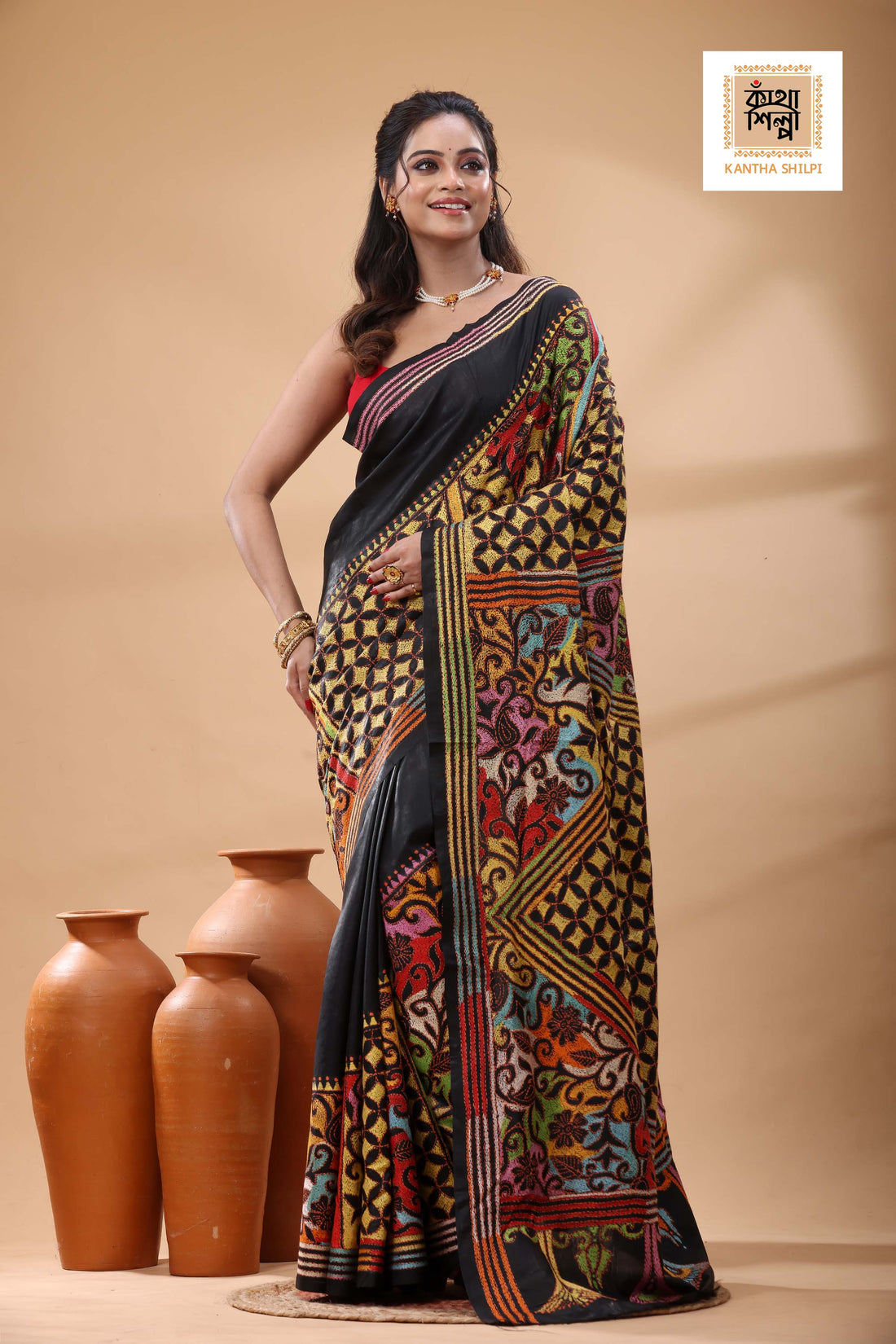 Black Pure Bangalore Silk Multicolor Thread Revers Work Kantha Stitch Saree