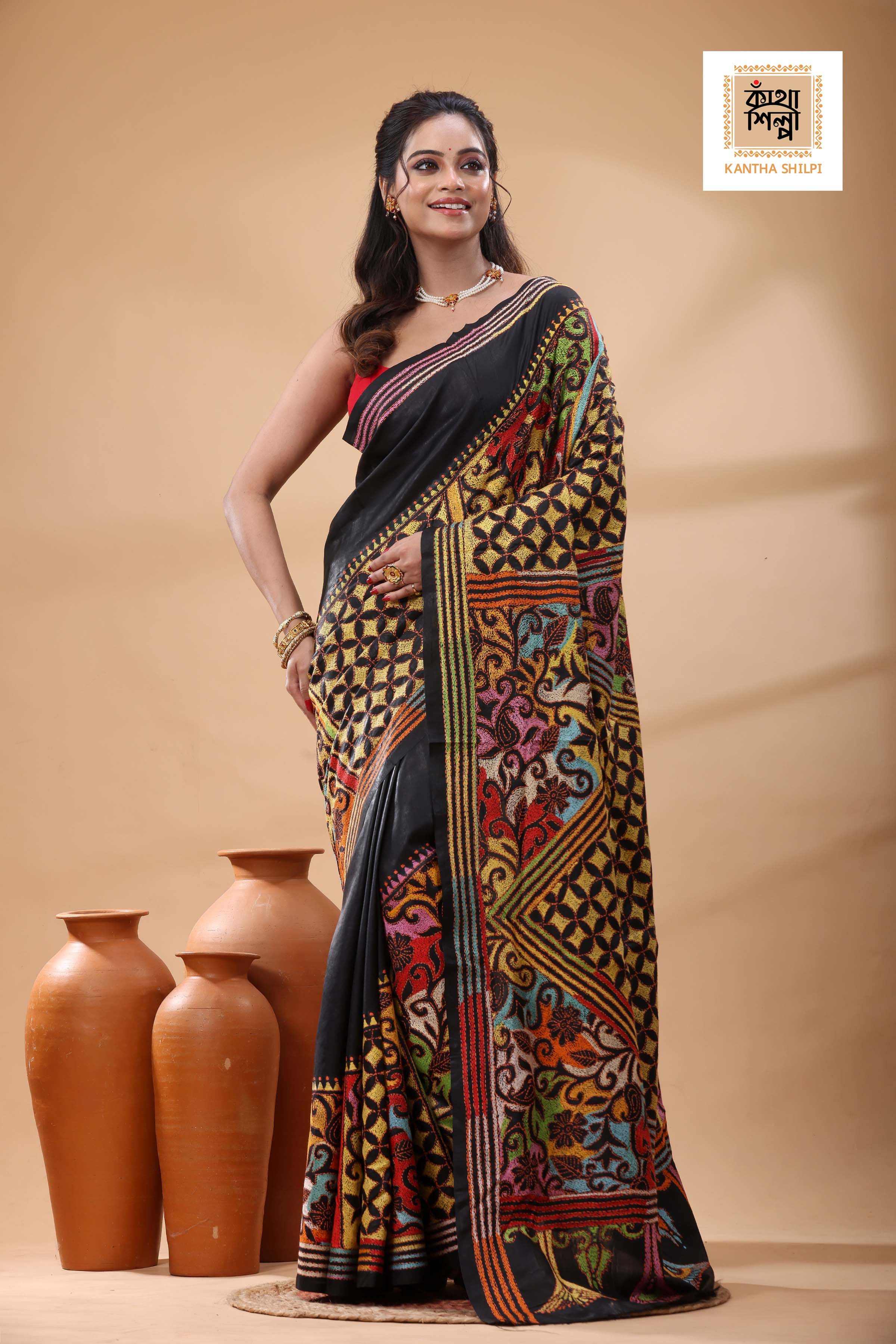 Black Pure Bangalore Silk Multicolor Thread Revers Work Kantha Stitch Saree
