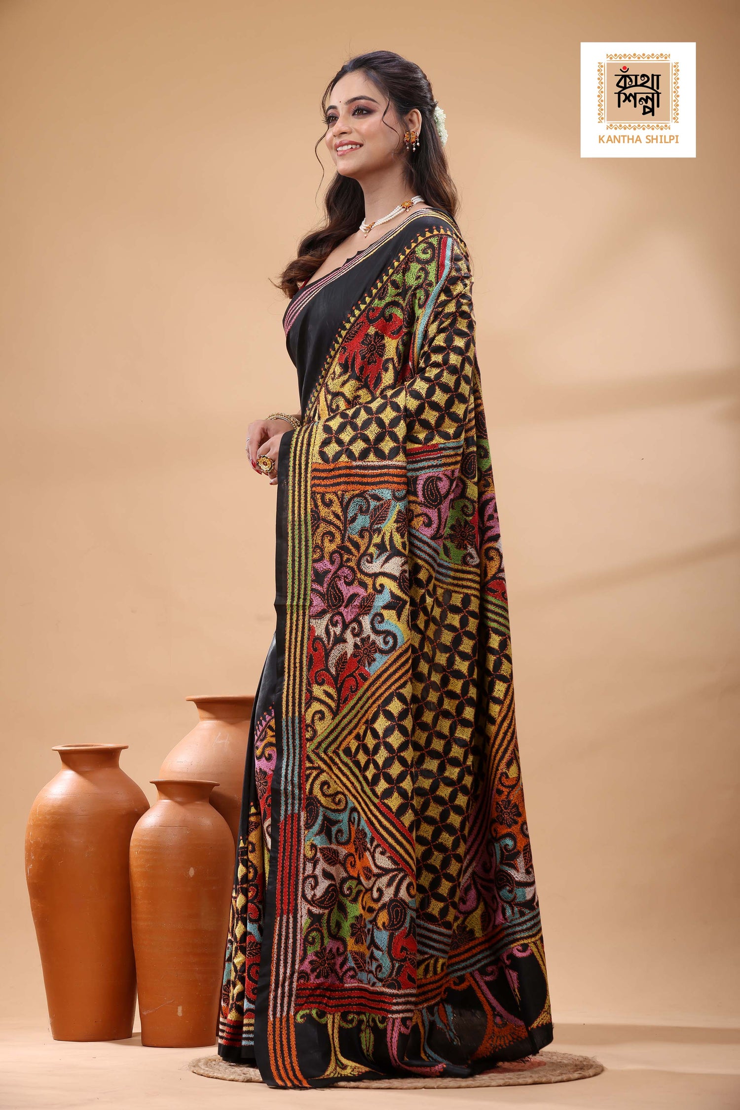Black Pure Bangalore Silk Multicolor Thread Revers Work Kantha Stitch Saree