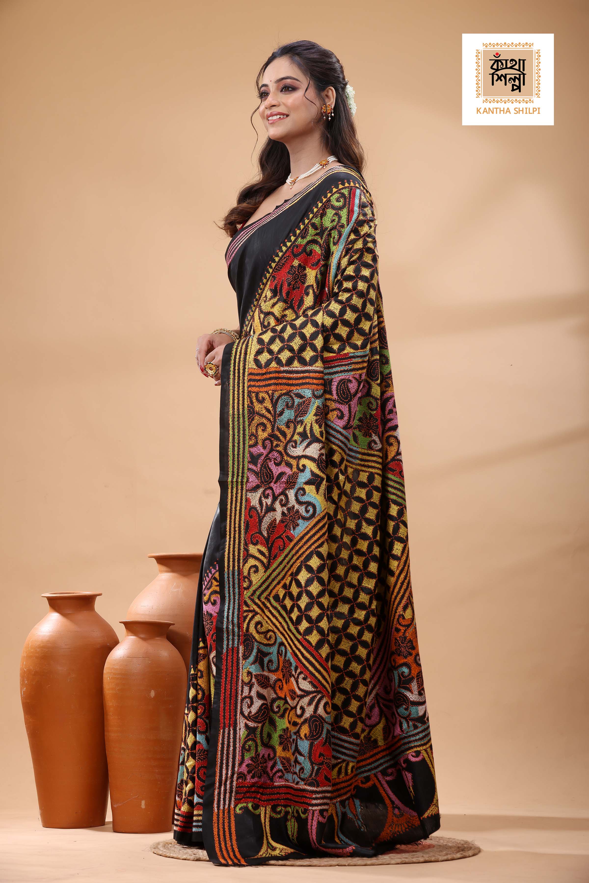 Black Pure Bangalore Silk Multicolor Thread Revers Work Kantha Stitch Saree
