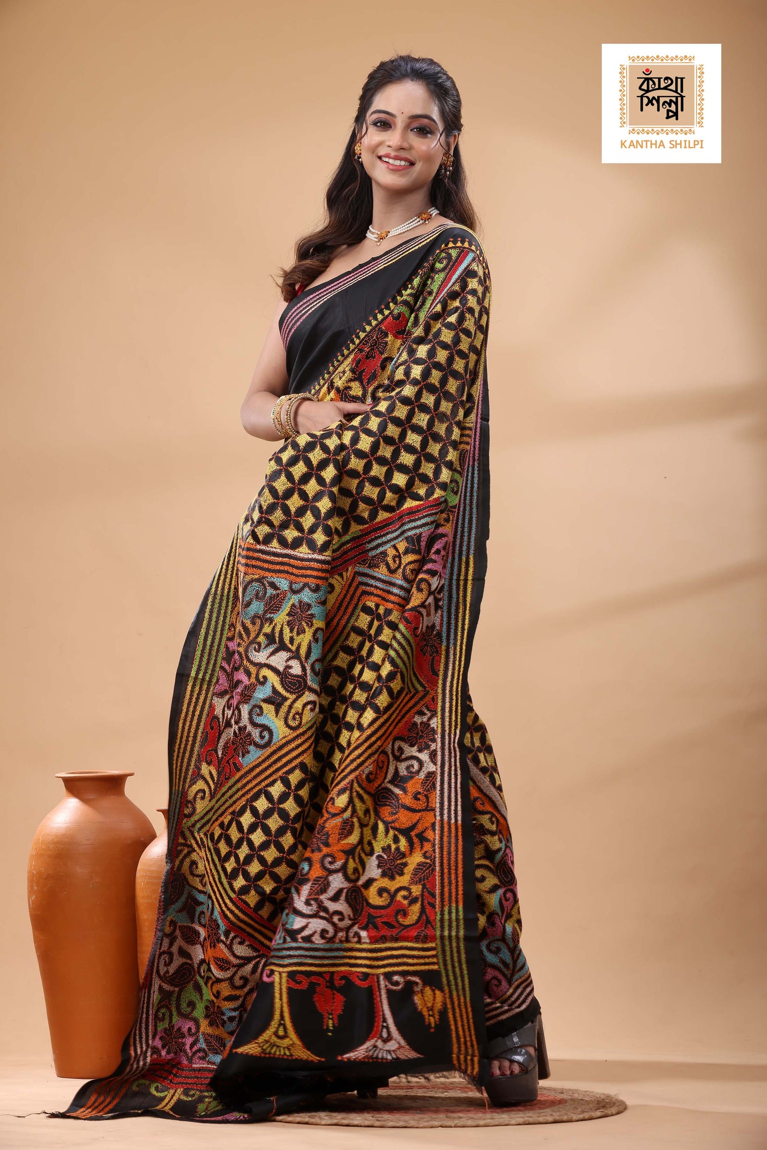 Black Pure Bangalore Silk Multicolor Thread Revers Work Kantha Stitch Saree