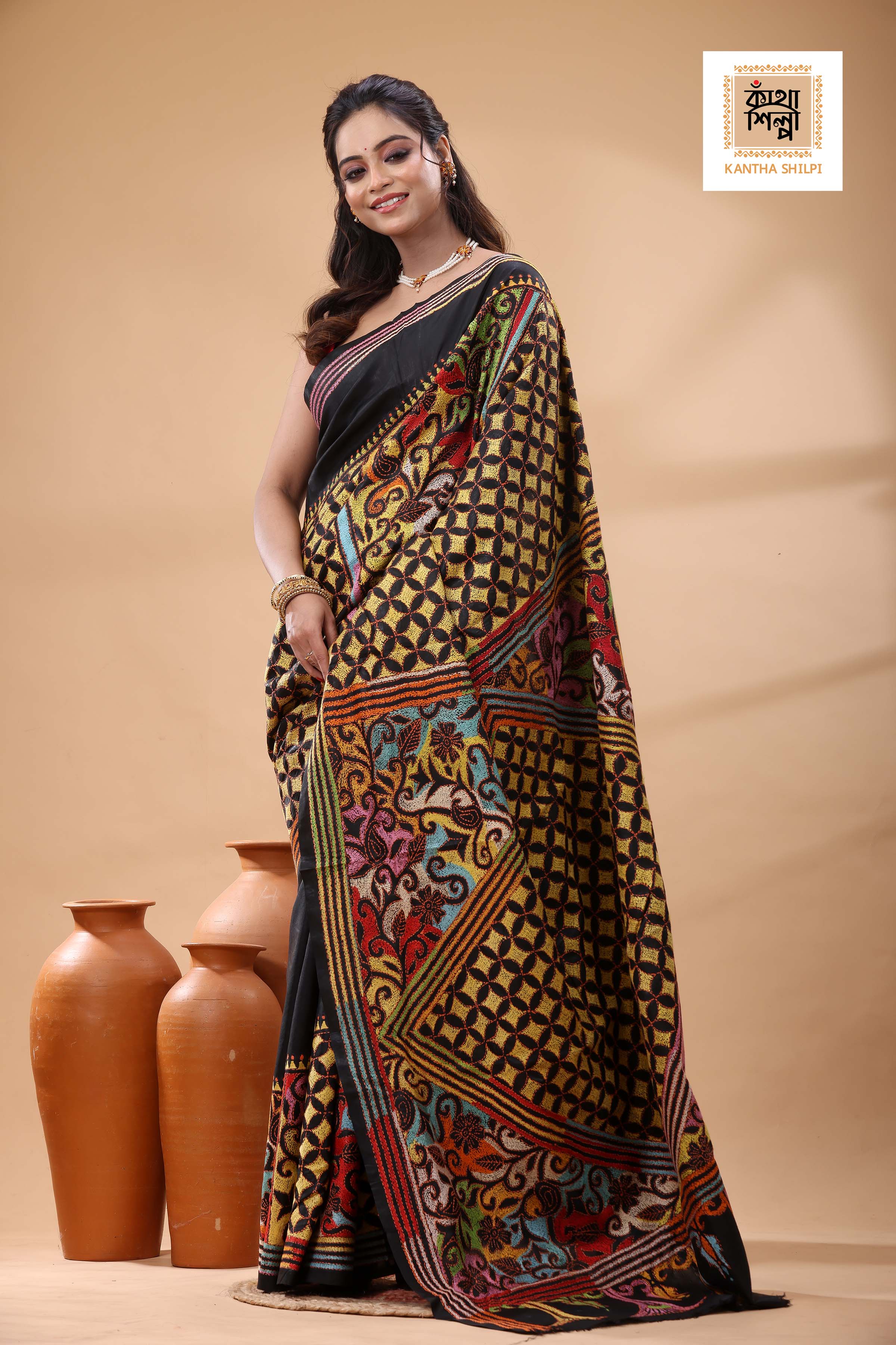 Black Pure Bangalore Silk Multicolor Thread Revers Work Kantha Stitch Saree