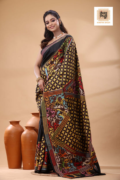 Black Pure Bangalore Silk Multicolor Thread Revers Work Kantha Stitch Saree
