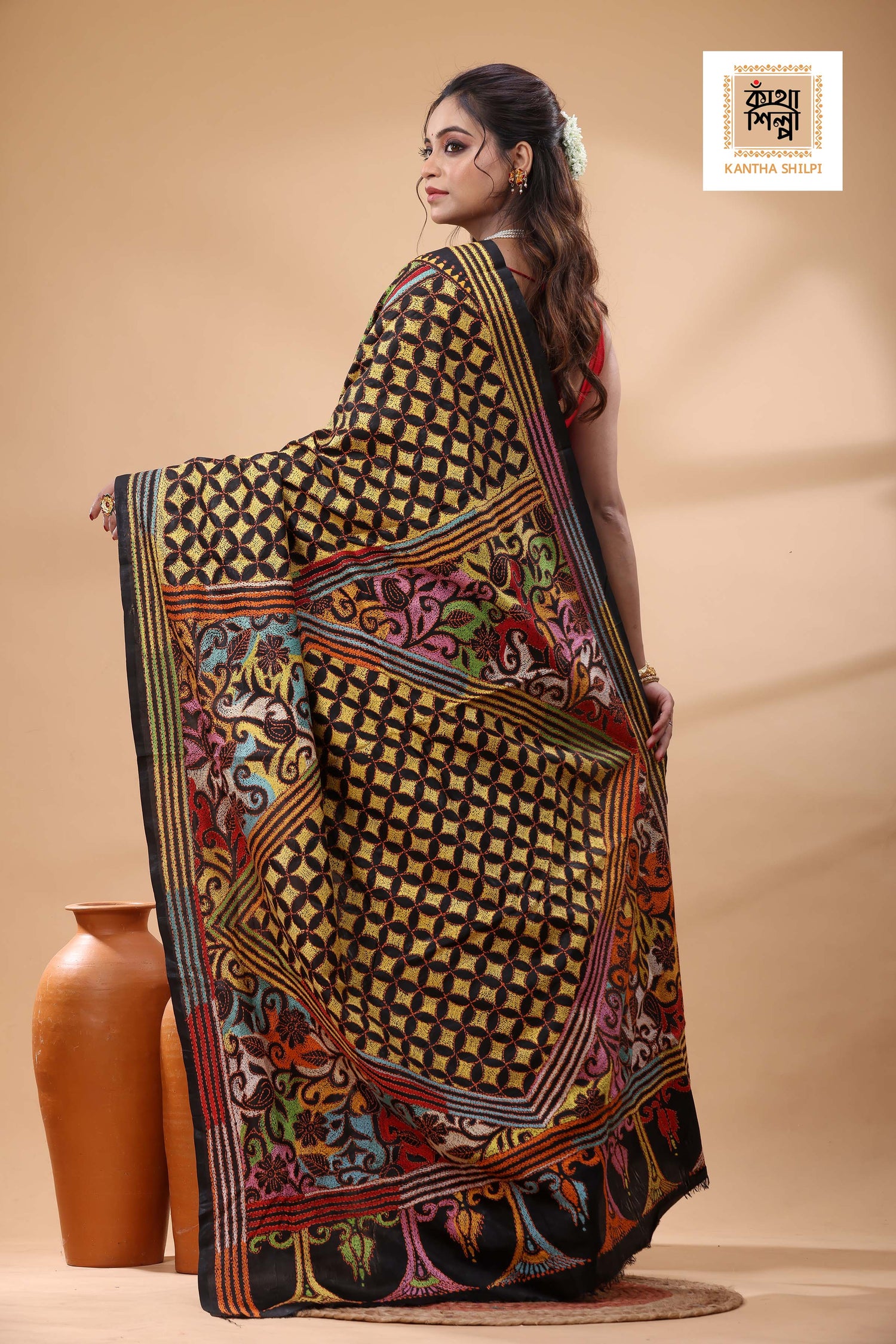 Black Pure Bangalore Silk Multicolor Thread Revers Work Kantha Stitch Saree