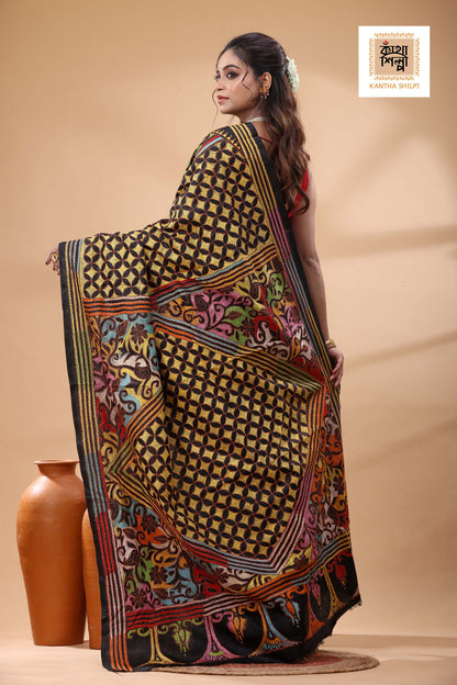 Black Pure Bangalore Silk Multicolor Thread Revers Work Kantha Stitch Saree