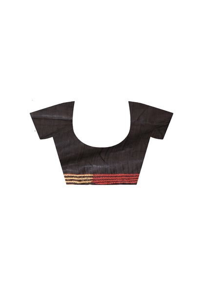 Black Pure Bangalore Silk Multicolor Thread Revers Work Kantha Stitch Saree