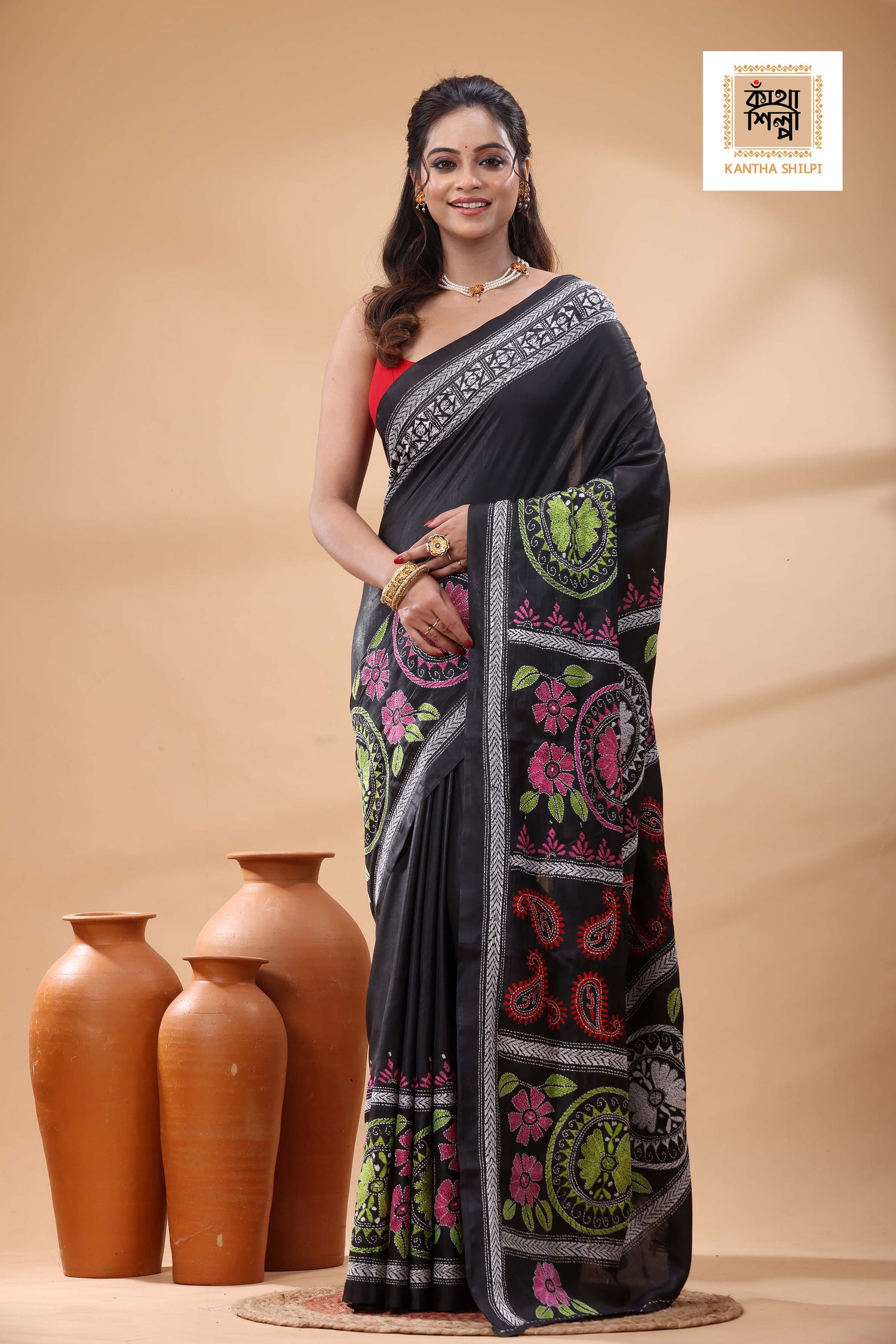 Black Color Bangalore Silk Multicolor Thread Work Kantha Stitch Saree