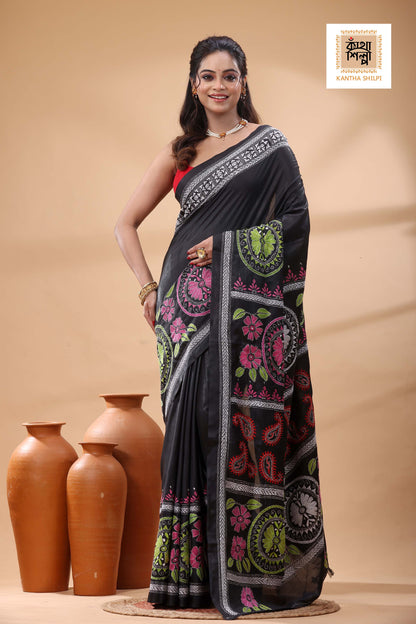 Black Color Bangalore Silk Multicolor Thread Work Kantha Stitch Saree