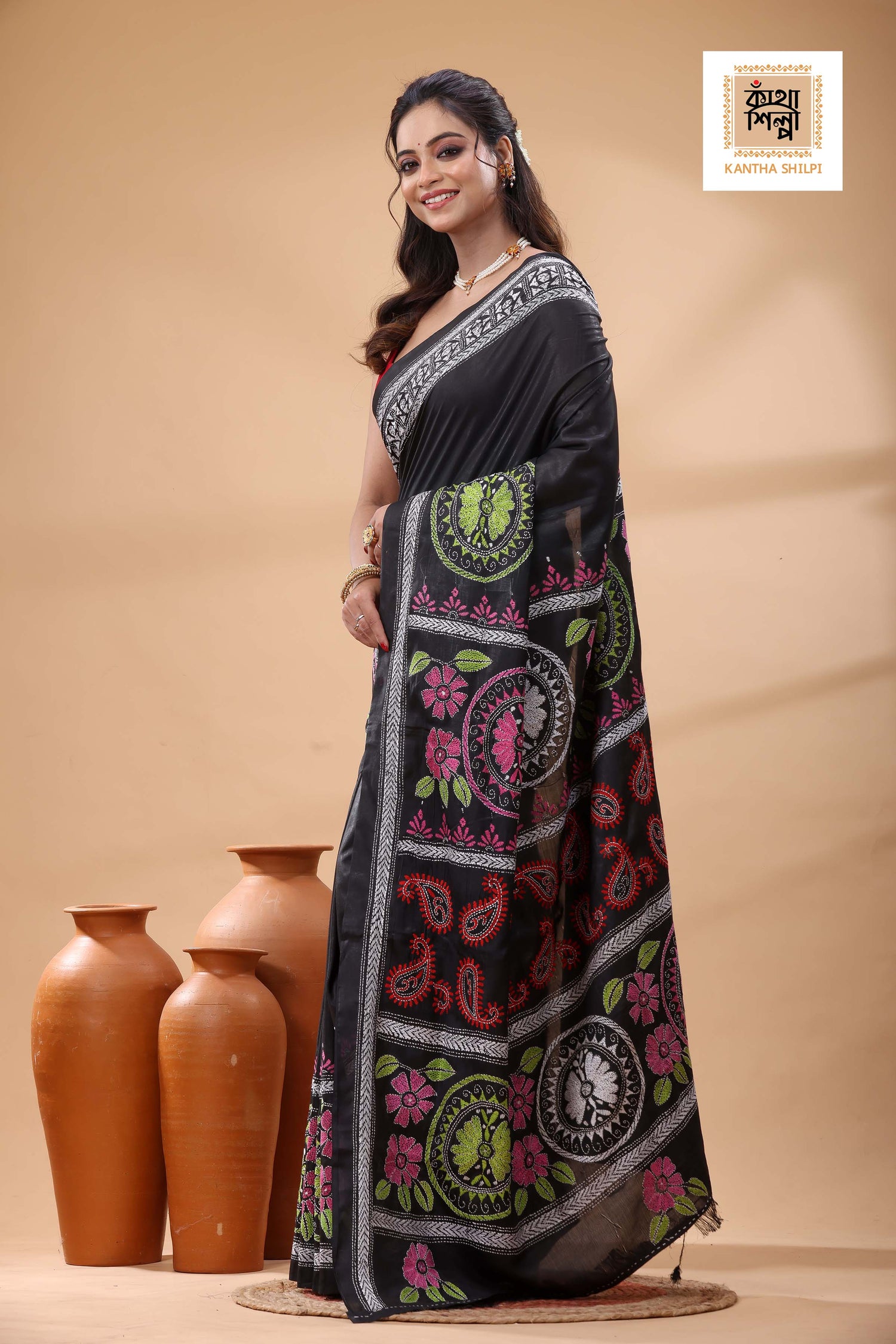 Black Color Bangalore Silk Multicolor Thread Work Kantha Stitch Saree