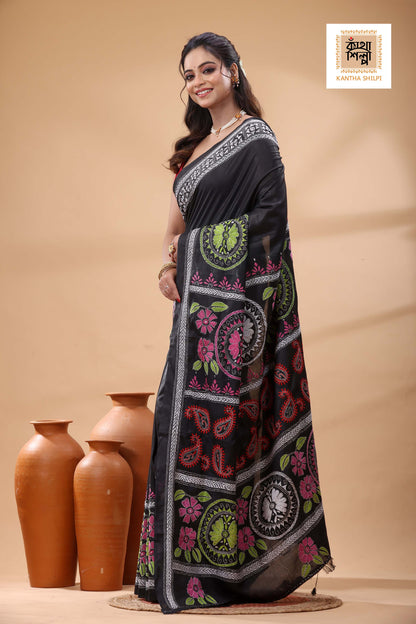 Black Color Bangalore Silk Multicolor Thread Work Kantha Stitch Saree