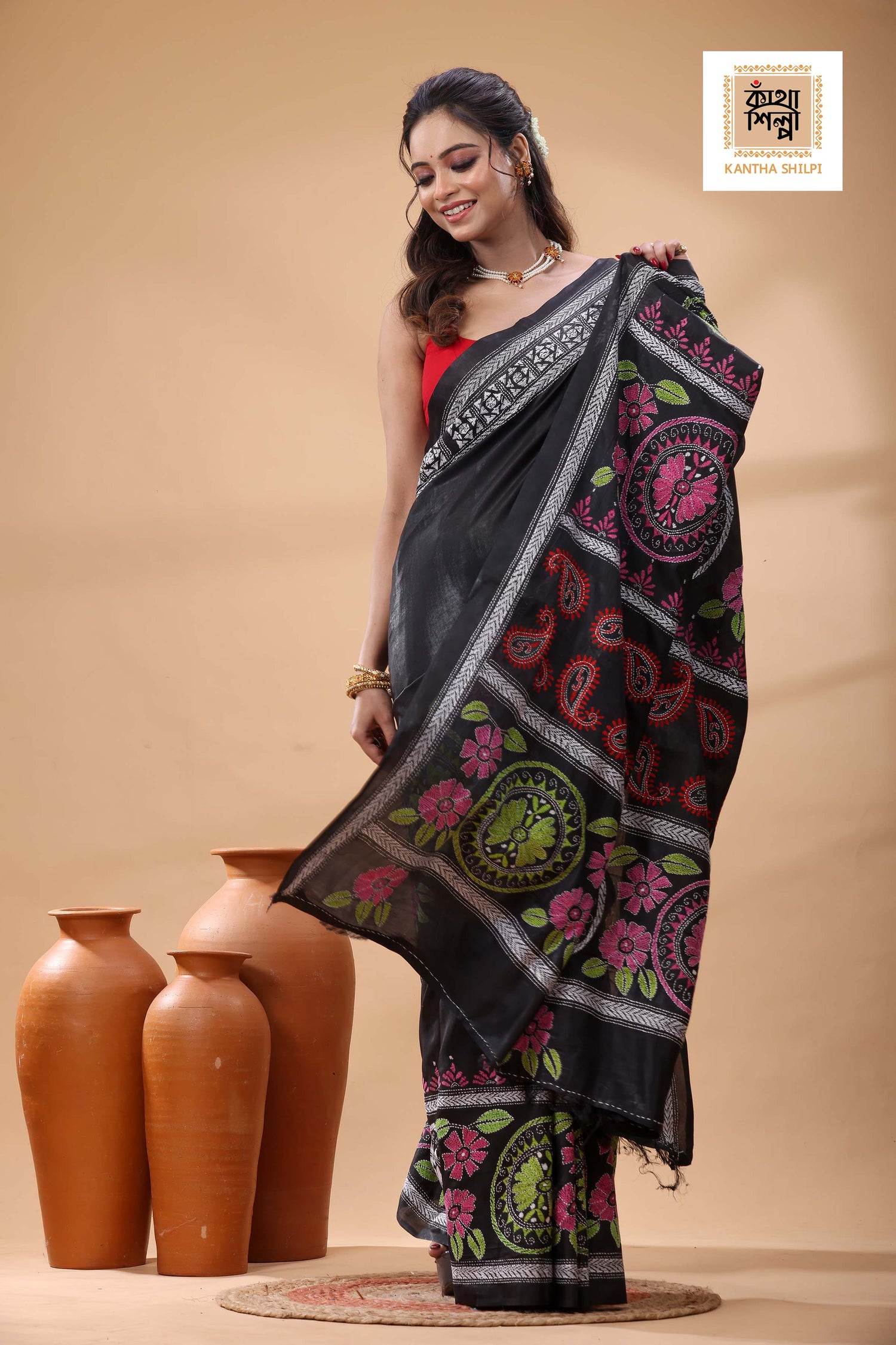 Black Color Bangalore Silk Multicolor Thread Work Kantha Stitch Saree