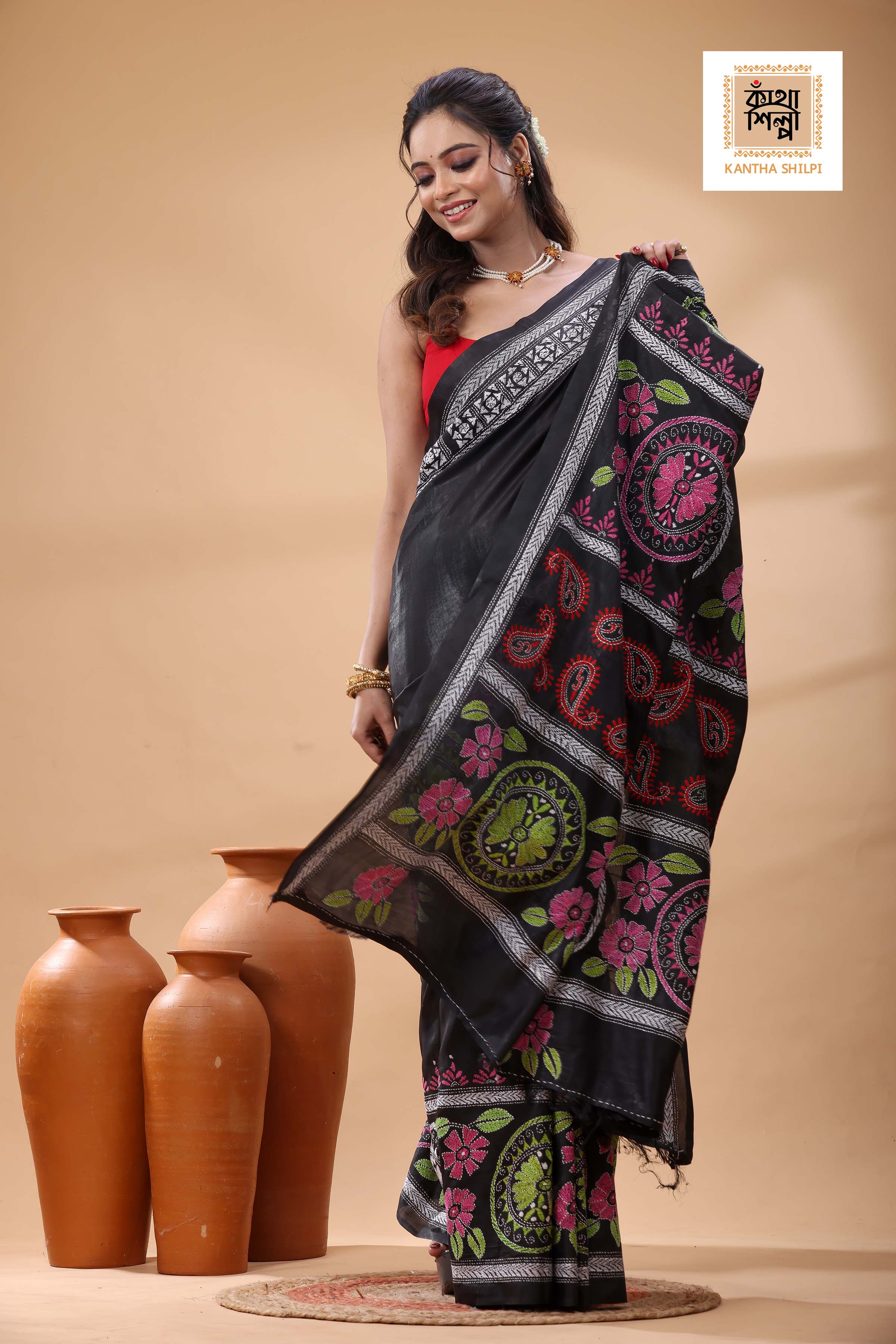 Black Color Bangalore Silk Multicolor Thread Work Kantha Stitch Saree