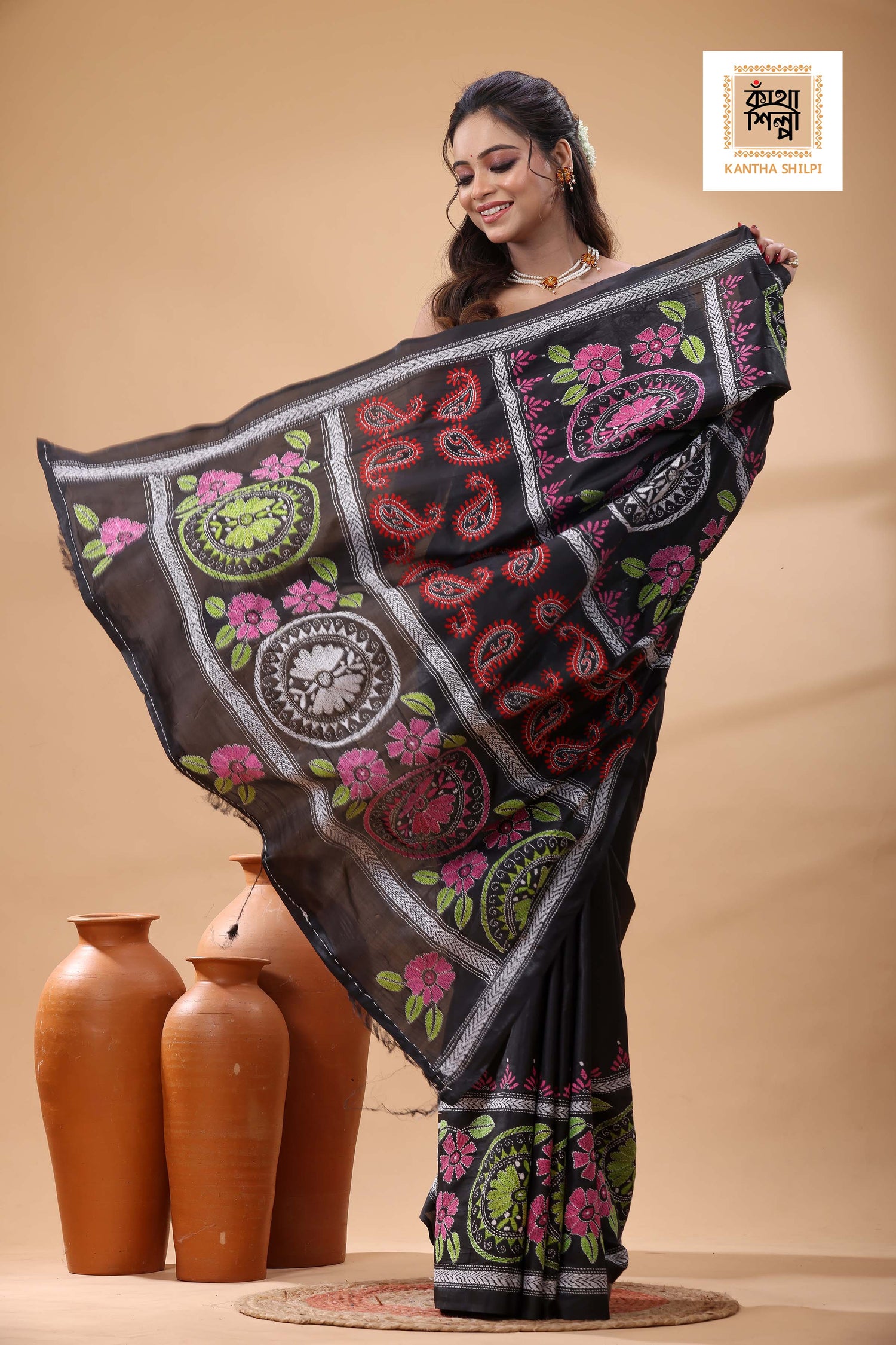 Black Color Bangalore Silk Multicolor Thread Work Kantha Stitch Saree