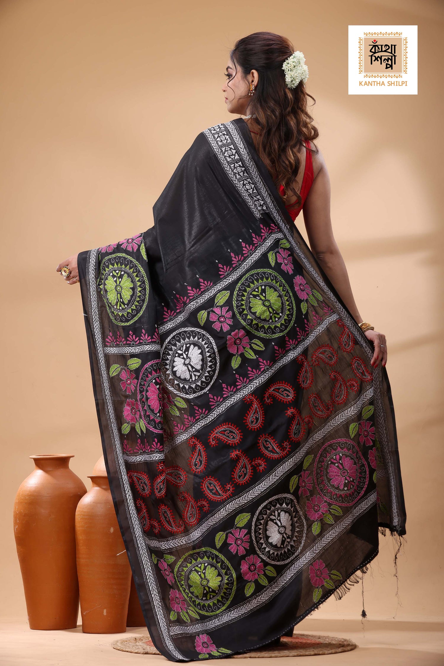 Black Color Bangalore Silk Multicolor Thread Work Kantha Stitch Saree